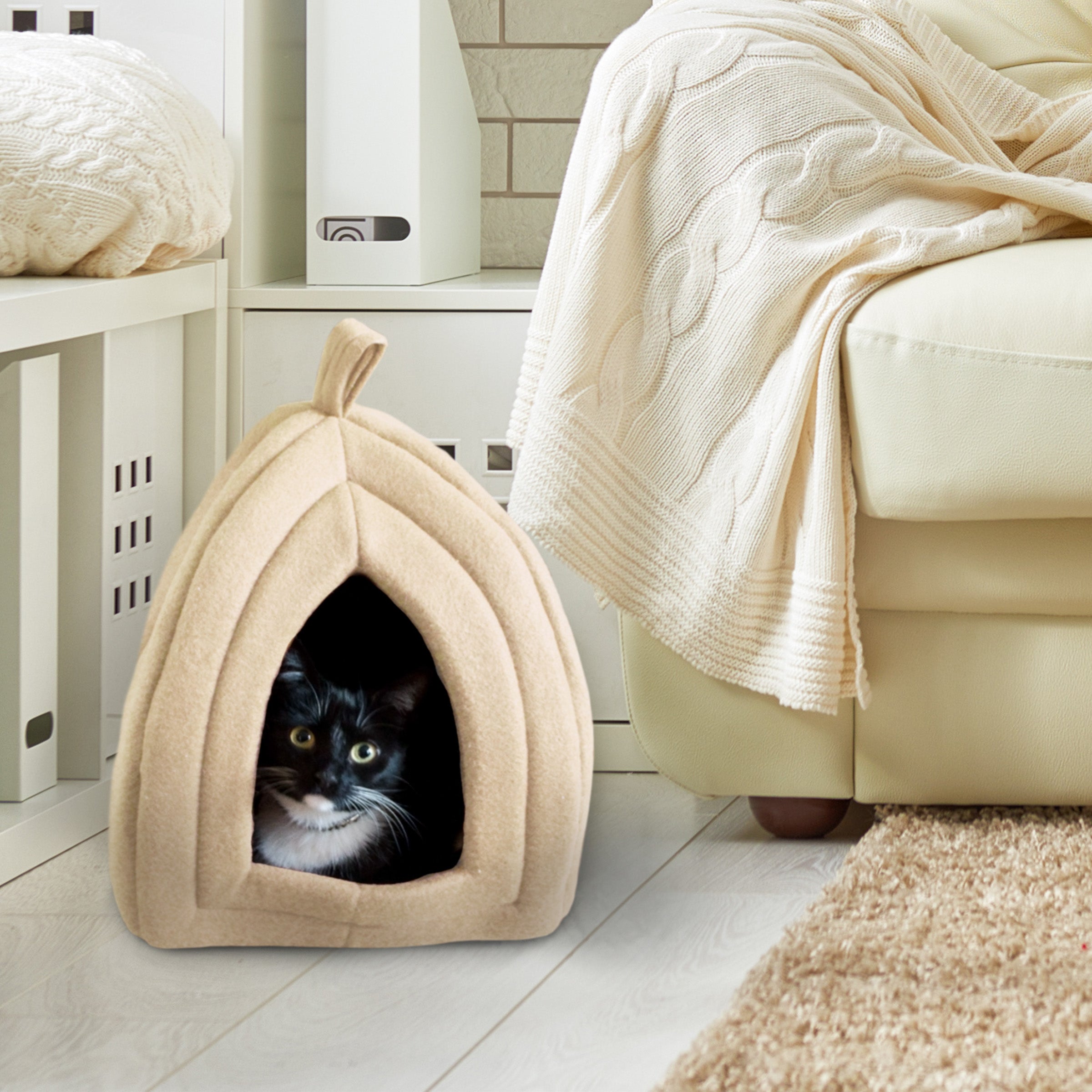 Cat House - Indoor Bed with Removable Foam Cushion - Pet Tent for Puppies， Rabbits， Guinea Pigs， Hedgehogs， and Other Small Animals by PETMAKER (Tan)