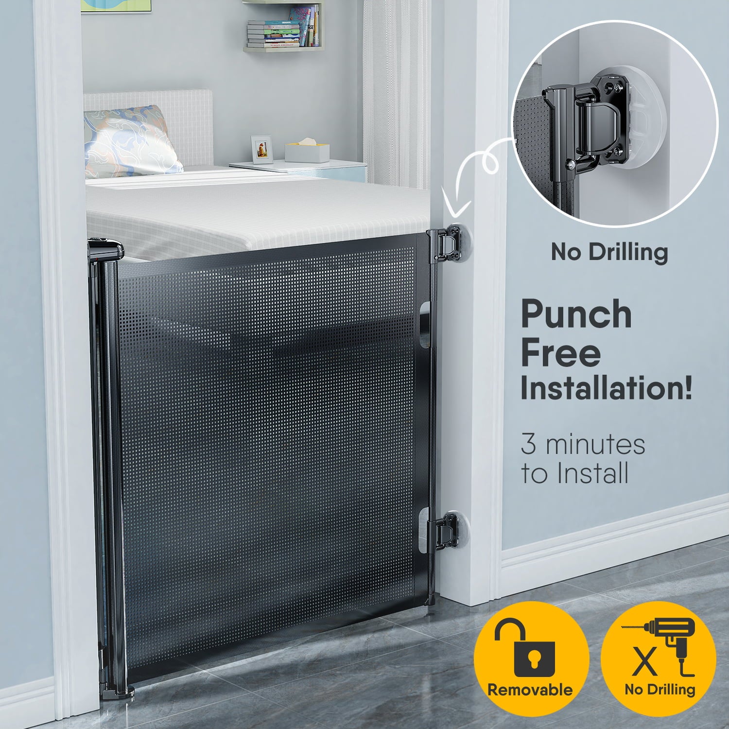 BabyBond Retractable Baby Gates for Doorway， Punch-Free Install Extra Wide 71” X 33” Tall for Kids/Child or Pets Indoor and Outdoor Dog Gates for Doorways， Stairs， Hallways， Black