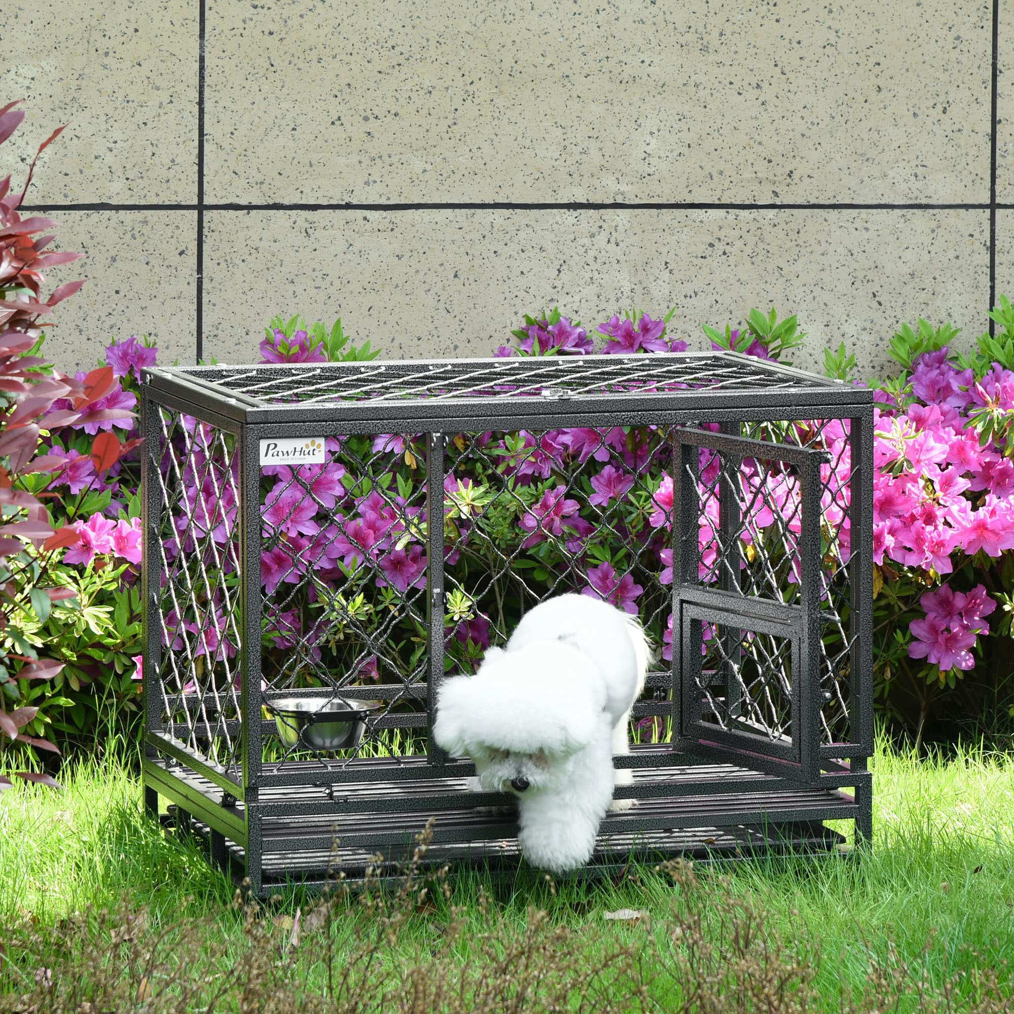 Pawhut Heavy Duty Crate Cage Kennel with Removable Tray Wheels and Lockable Door for Medium Dogs Indoor and Outdoor， 36.5