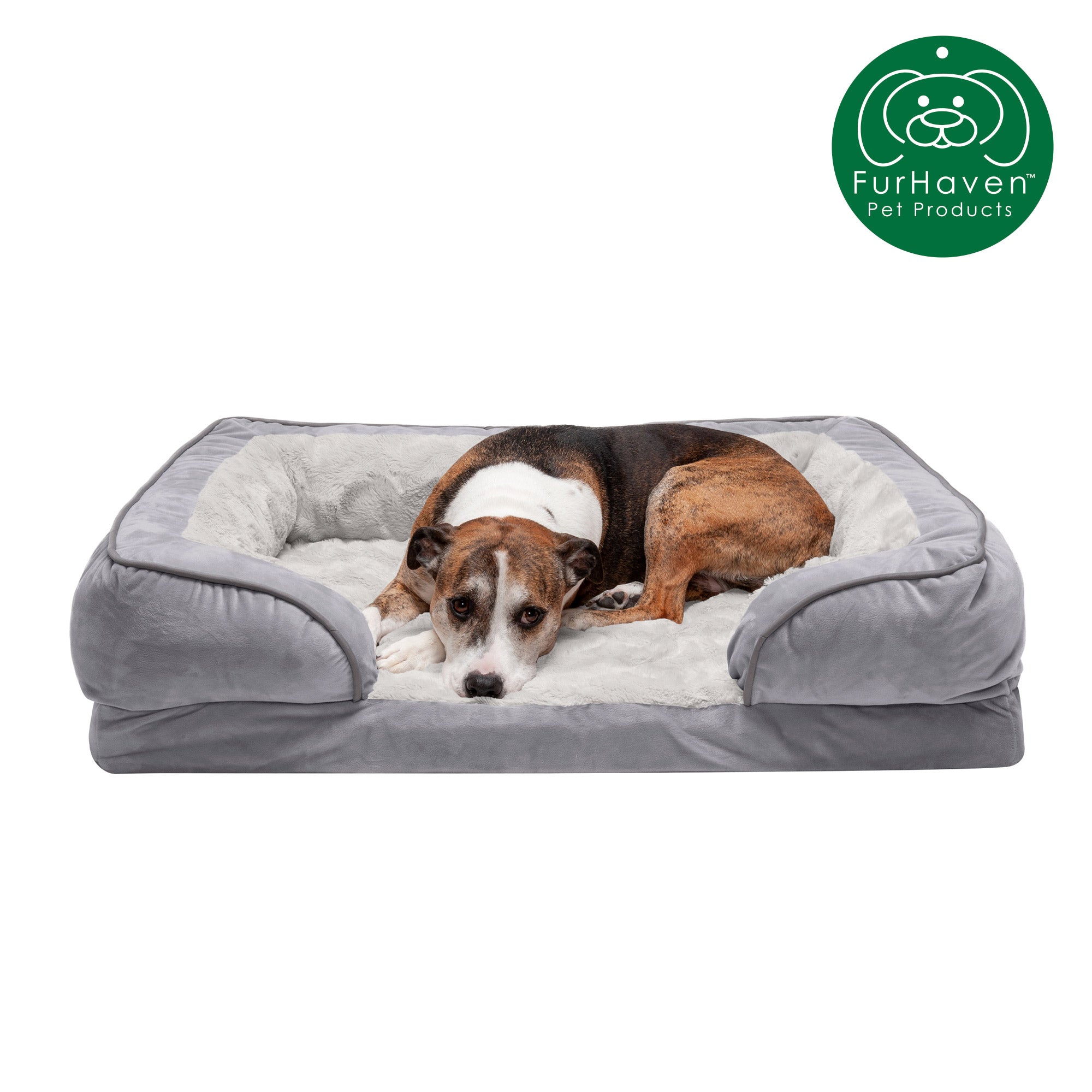 FurHaven Pet Products | Convolute Orthopedic Perfect Comfort Velvet Waves Sofa-Style Couch Pet Bed for Dogs and Cats， Granite Gray， Large