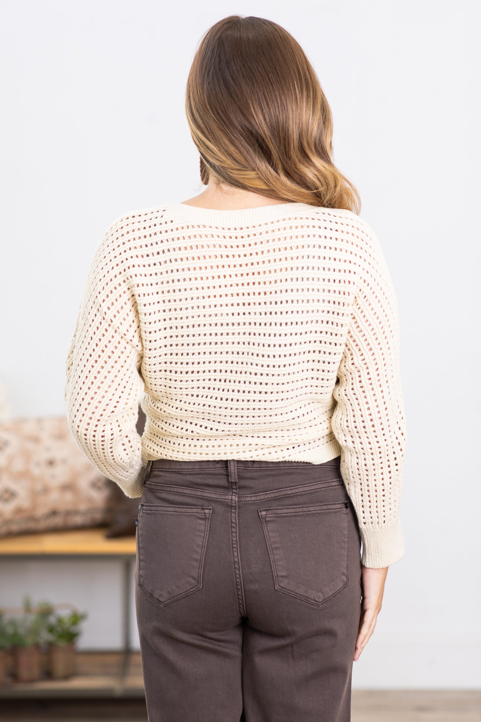 Cream Pointelle Dolman Sleeve Sweater