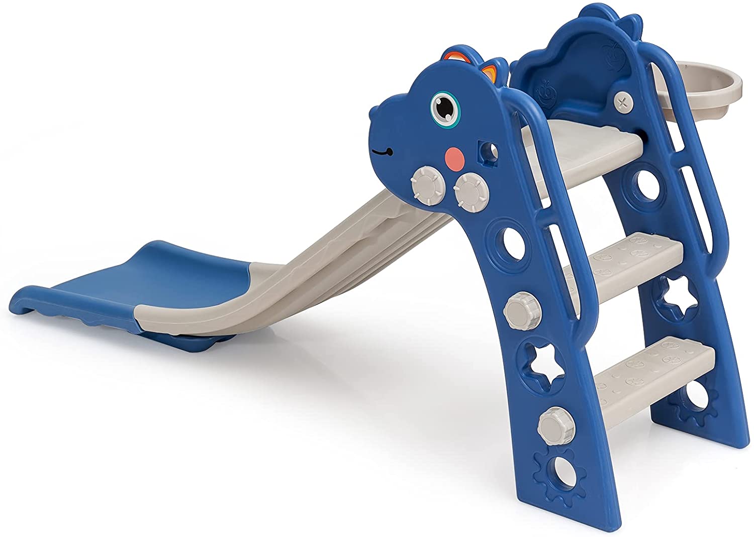 3 in 1 Slide for Kids， Toddler Slide Climber Set for Indoor Outdoor， Freestanding Baby Game Slide with Extra Long Slipping Slope， Basketball Hoop and Ball for Boys and Girls (Blue)