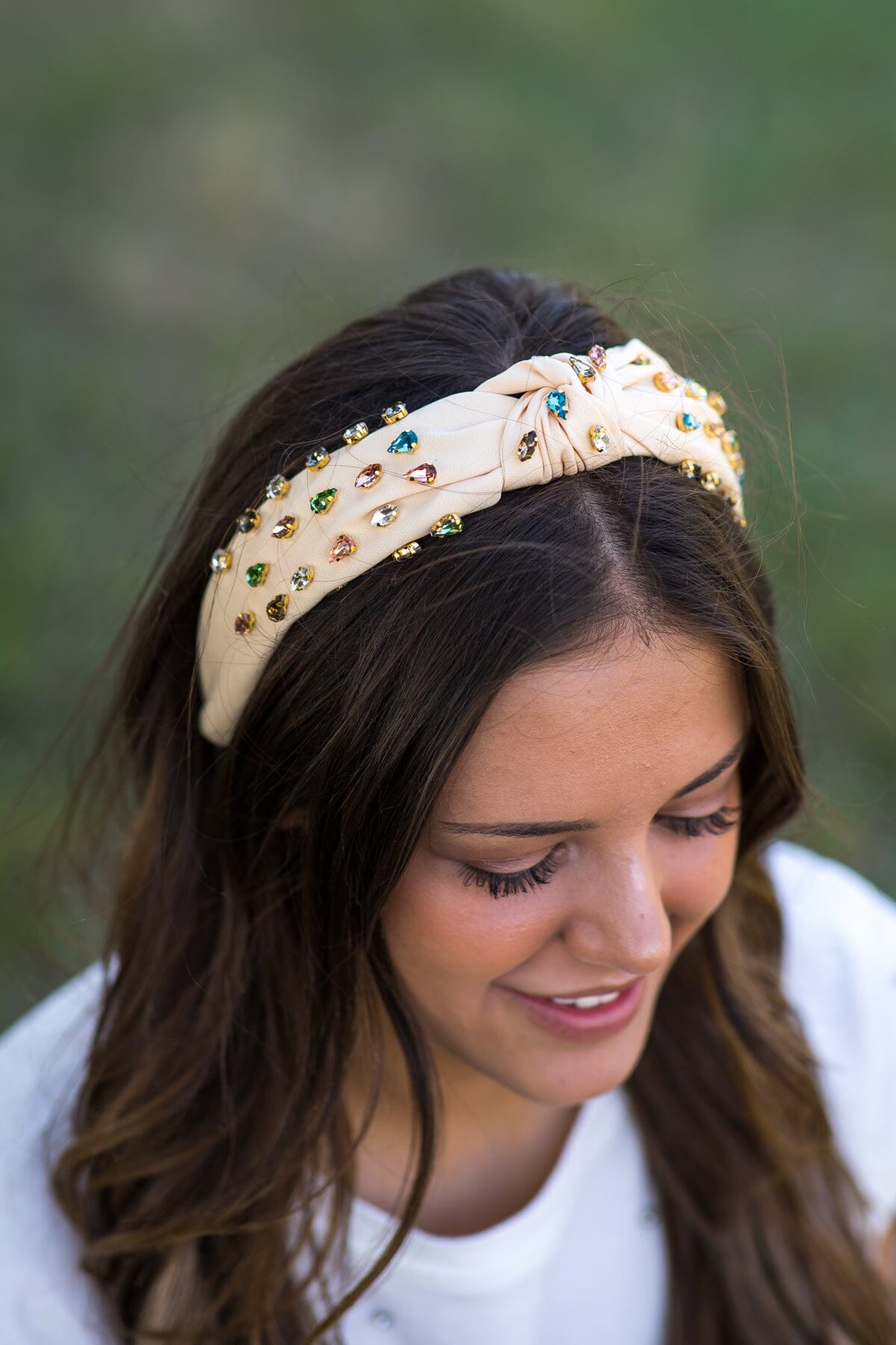 Cream Multicolor Rhinestone Knot Headband