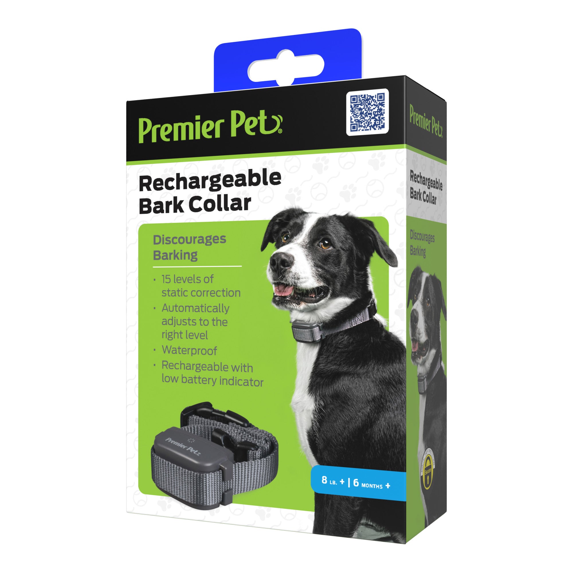 Premier Pet Rechargeable Bark Collar: Discourages Barking and Whining for All Size Dogs， Rechargeable， Adjustable， Waterproof， Gentle Static Correction， Low Battery Indicator， No Programming Required