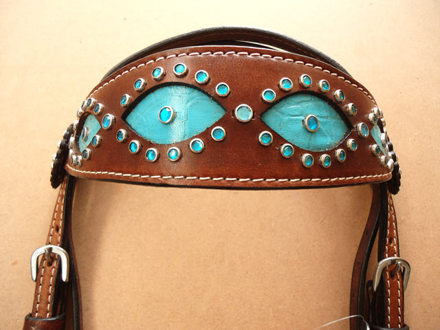 29BH Hilason Western Leather Horse Headstall Turquoise Crocodile Brown