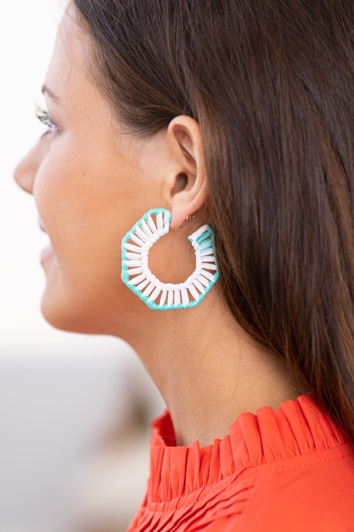 White and Mint Threaded Hoop Earrings