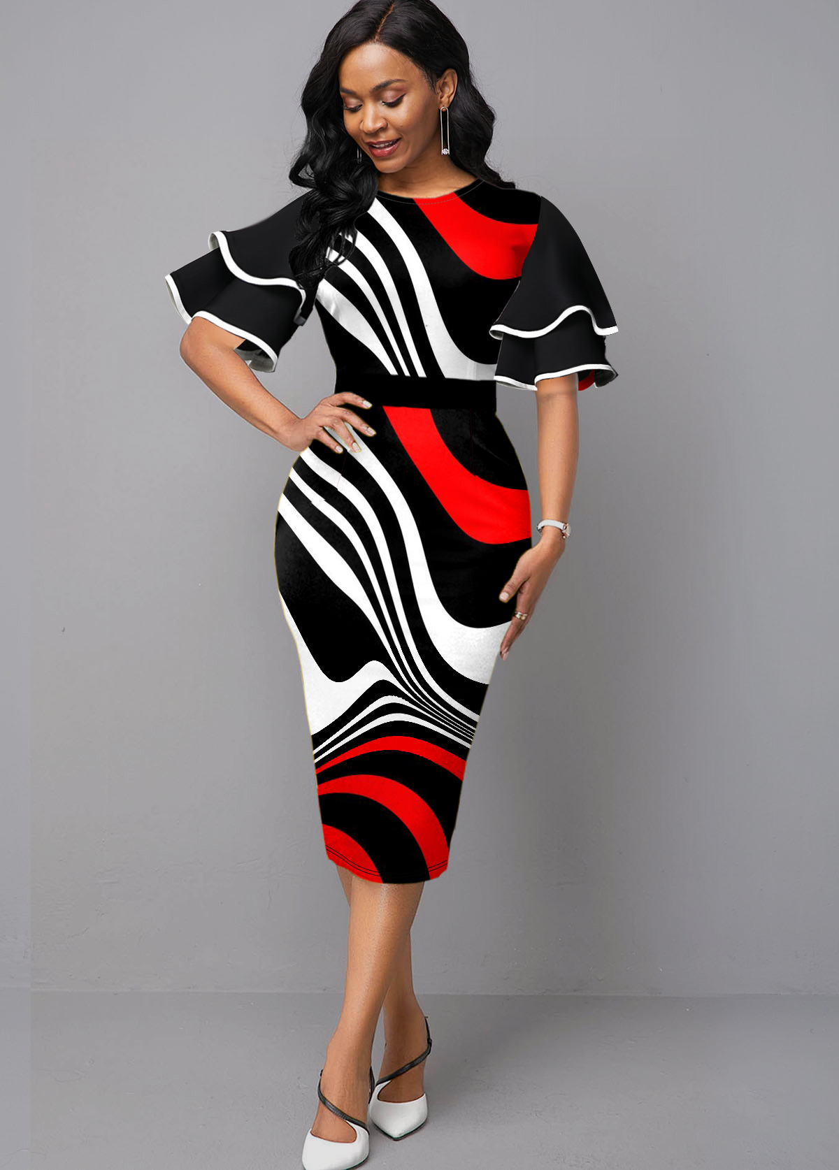 Round Neck Flare Sleeve Color Block Dress