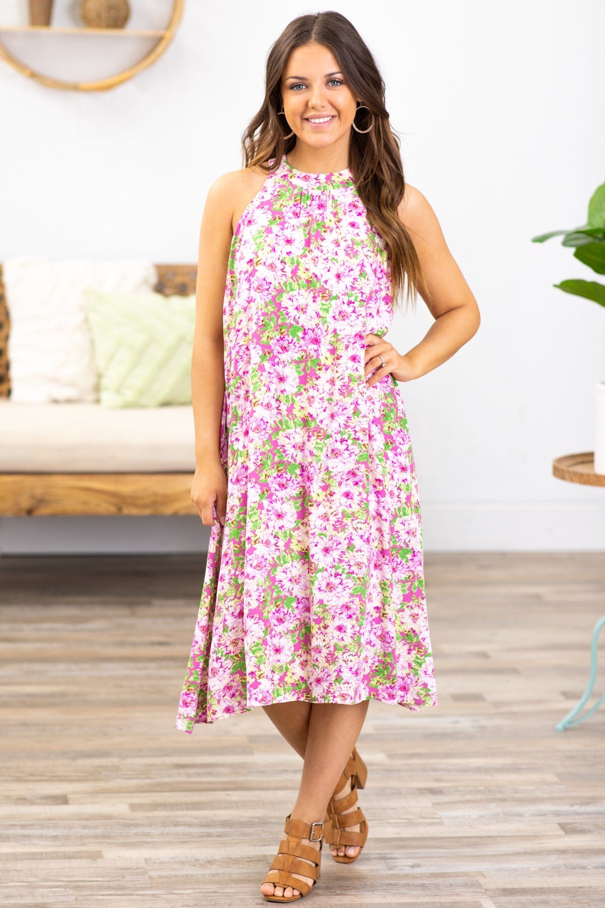 Orchid and Green Floral Halter Neck Dress