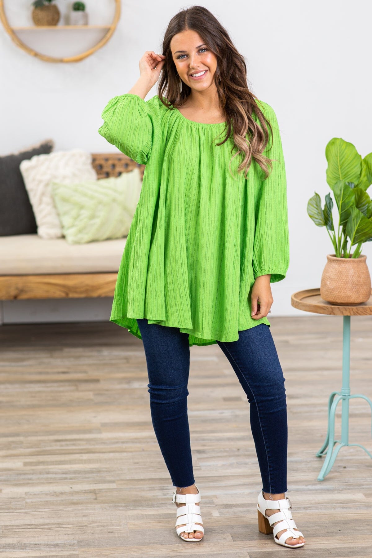Lime Green Elastic Trim Textured Top