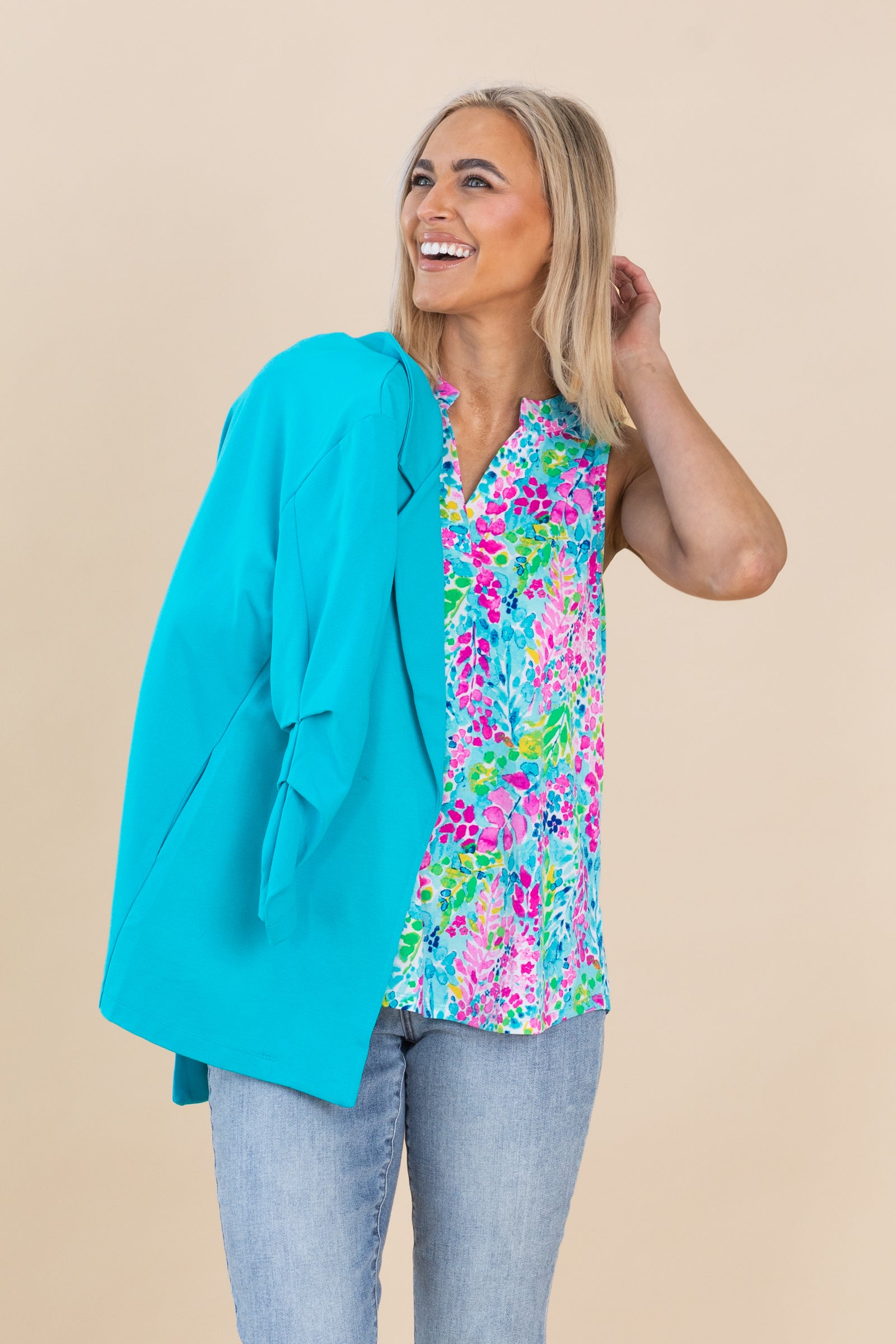 Aqua Floral V-Neck Wrinkle Free Top