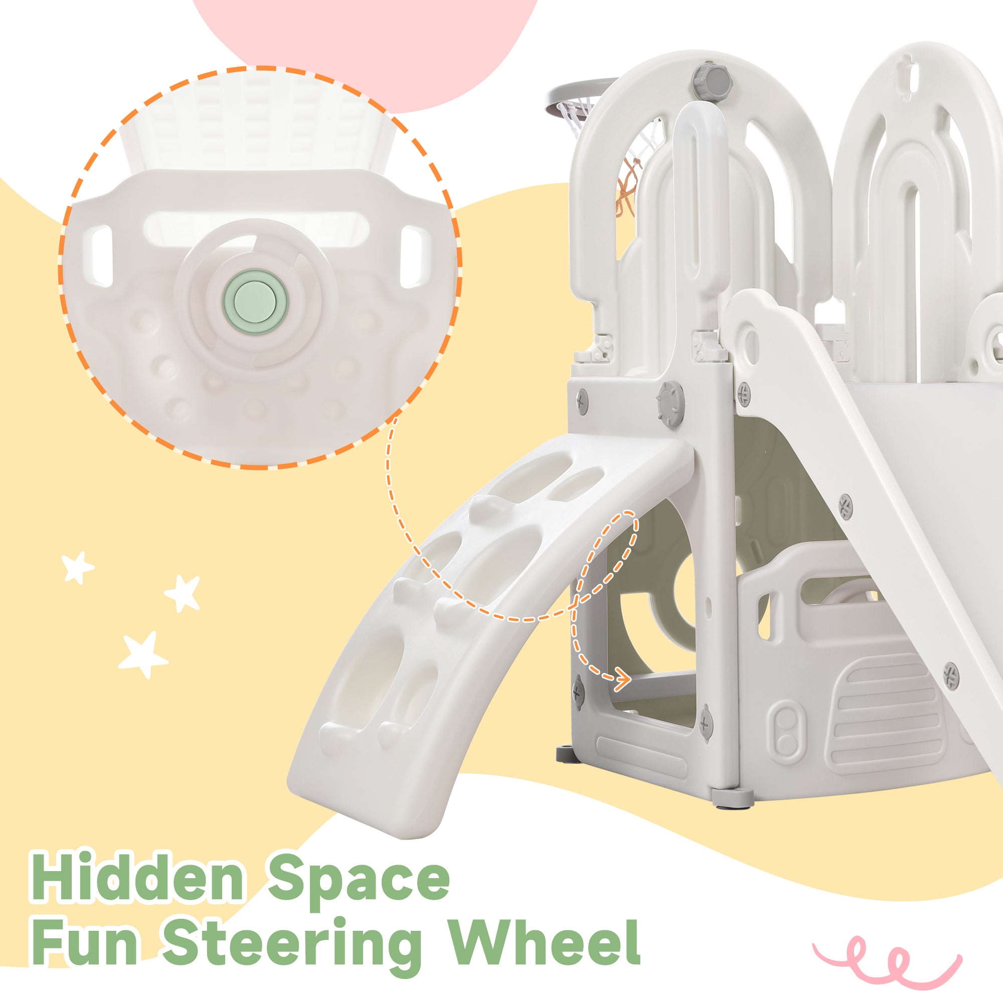 HDJ 4 In 1 Toddler Kids Slide and Climber Set，Kids Climber Slide Playset with Basketball Hoop for Indoor Outdoor，White