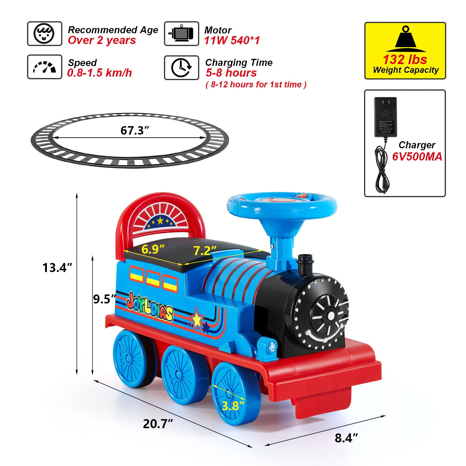 JOYLDIAS 6V Electric Ride on Train for Kids with Curved Tracks， Songs， Stories， Lights， Horns， Storage and Foot Pedals， Blue