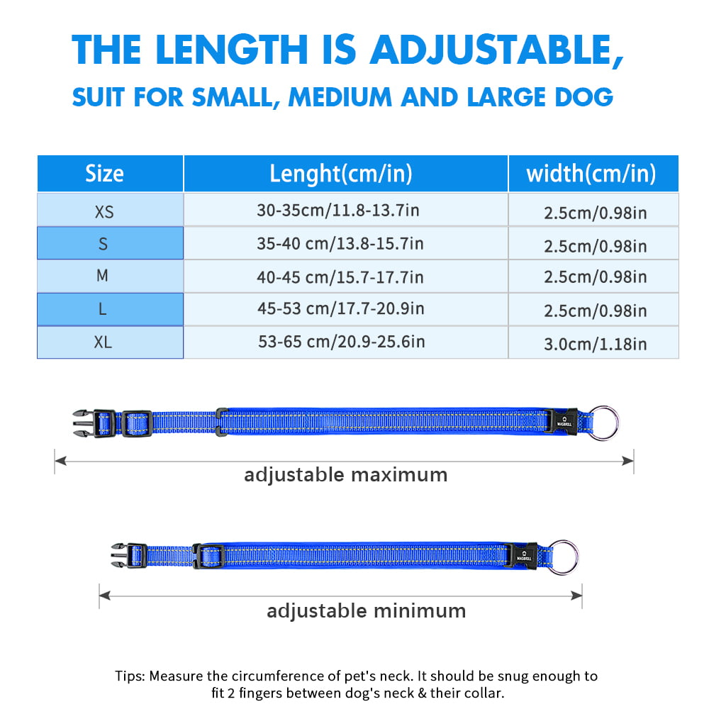 MASBRILL Dog Collar with Dog tag Reflective Soft Neoprene Padded Breathable and Adjustable， Odour Resistant and Fast Drying-Blue-M