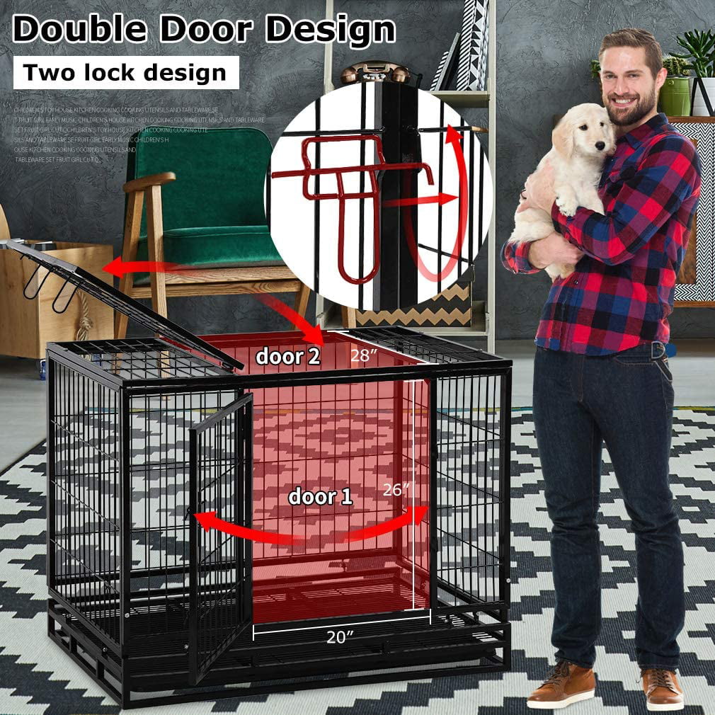 YRLLENSDAN 36/42/48 inch Heavy Duty XL Large Dog Crate for Large Dogs， Dog Crates and Kennels with Wheels Plastic Tray Double-Door Outdoor Metal Wire Pet Dog Cage for Medium Small Dogs