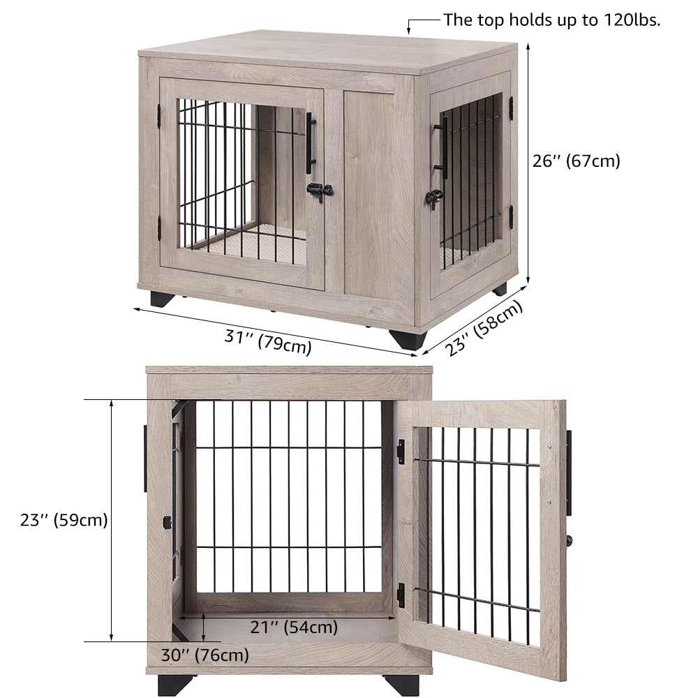 Unipaws Furniture Style Dog Crate， Wooden Wire Pet Kennels with Double Doors， Dog House Indoor Use， Weathered Gray