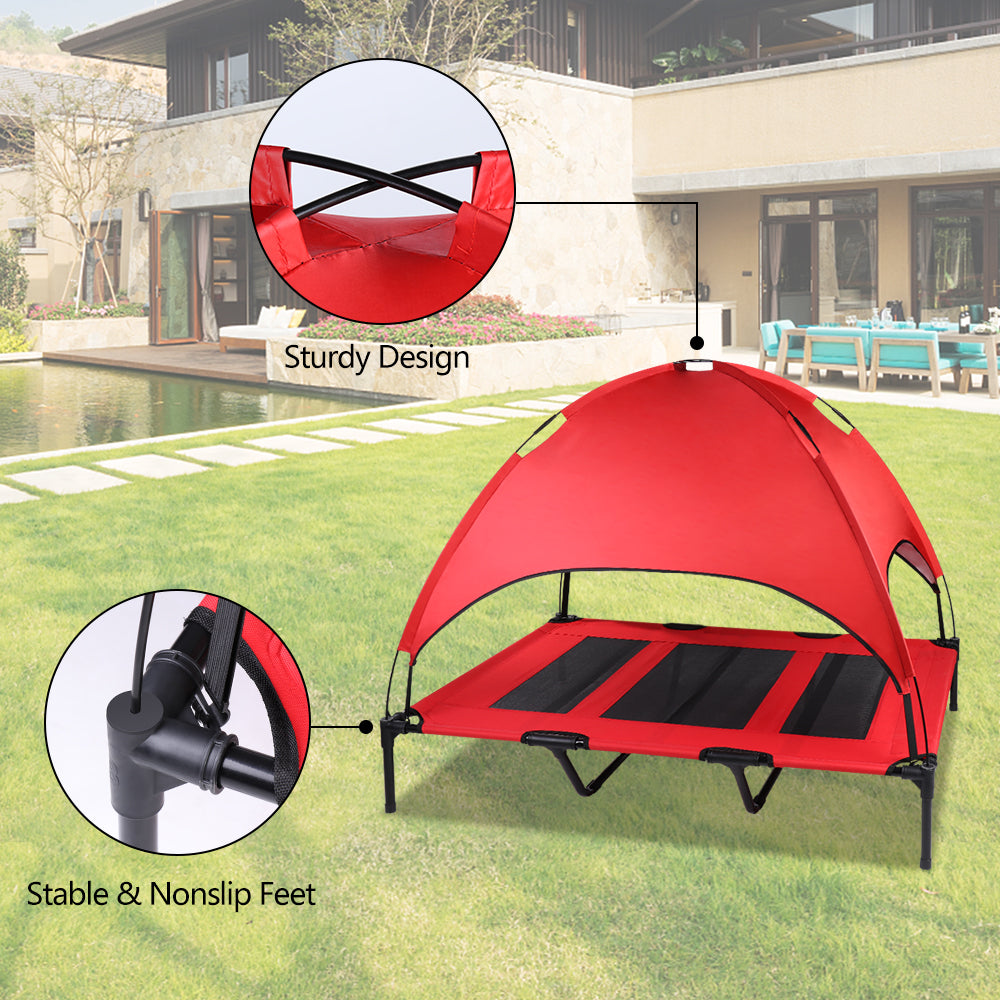SMONTER Elevated Dog Bed with Canopy， Outdoor Pet Cot with Removable Canopy Shade， Portable Raised Dog Bed with Stable Frame and Breathable Mesh for Small， Medium， Large Dogs， Extra Large， Red