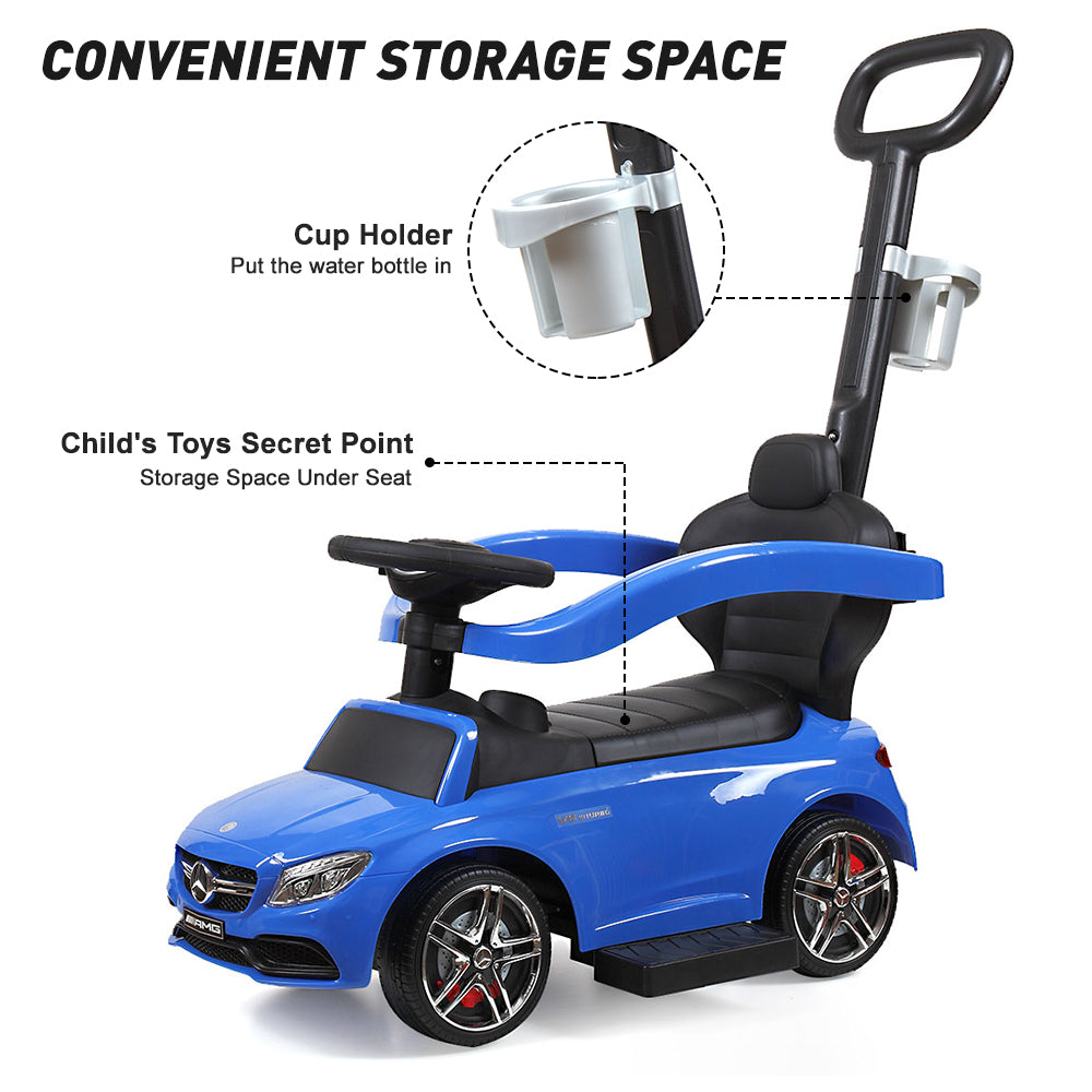 iYofe Mercedes Licensed Kids Push Car， 3 In 1 Toddler Walker Stroller with Handle， Safety Bars， Backrest and Footrest， Music and Horn， Cup Holder， Storage Space， Baby Ride On Toy for 1-3 Years Old， Blue