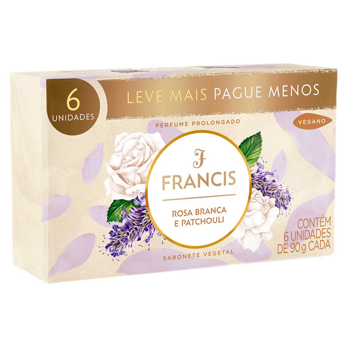 Pack Sabonete Barra Vegetal Rosa Branca e Patchouli Francis Envoltorio 6 Unidades 90g Cada Leve Mais Pague Menos