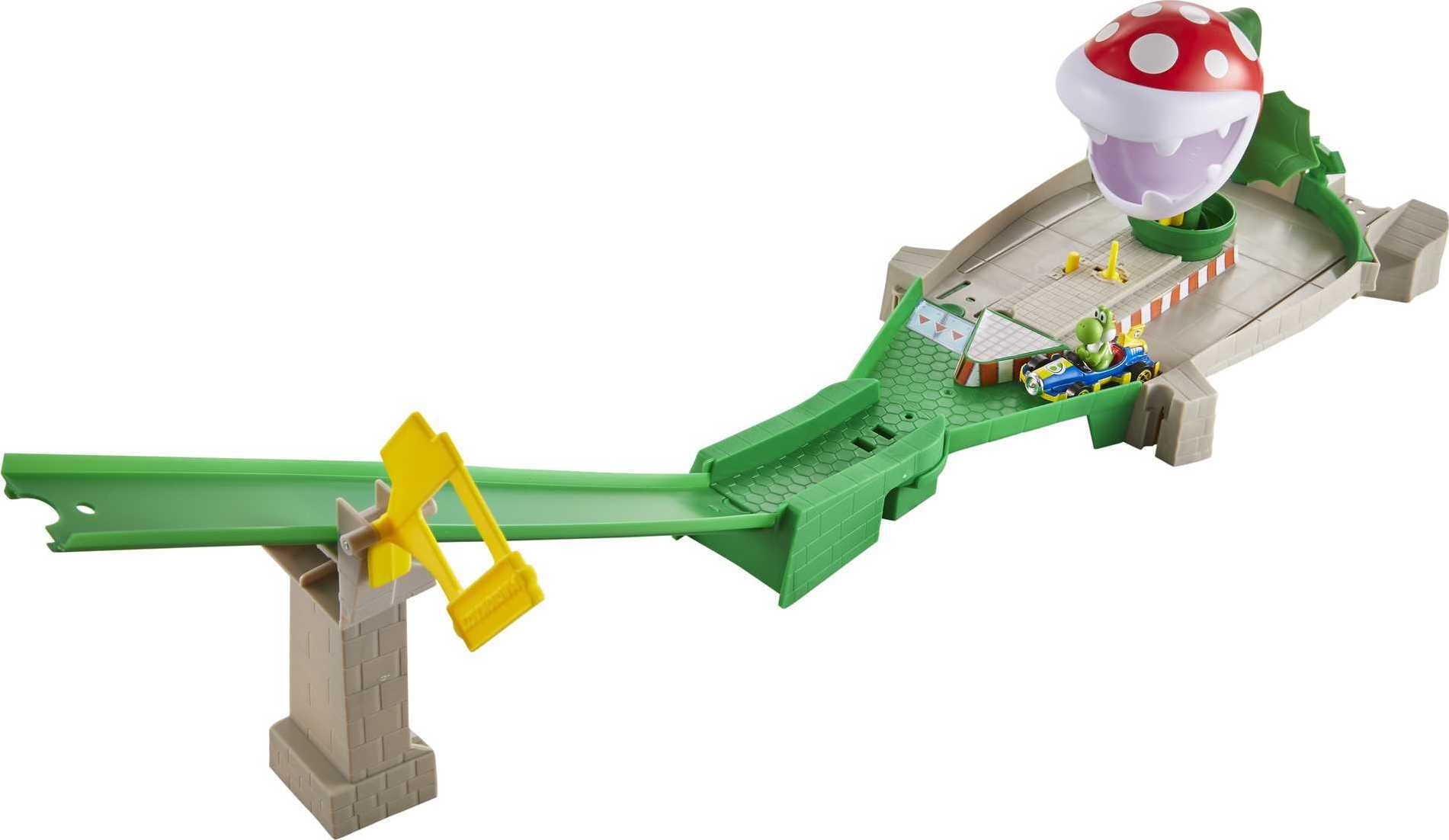 Hot Wheels Mario Kart Piranha Plant Track Set with 1:64 Scale Yoshi Toy Kart and Gravity Launcher