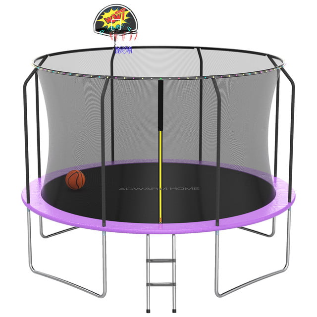 ACWARM HOME 10FT Purple Backyard Trampoline with Safety Net， Outdoor Trampoline for Kids with Ladder and Basketball Hoop， Large Trampoline