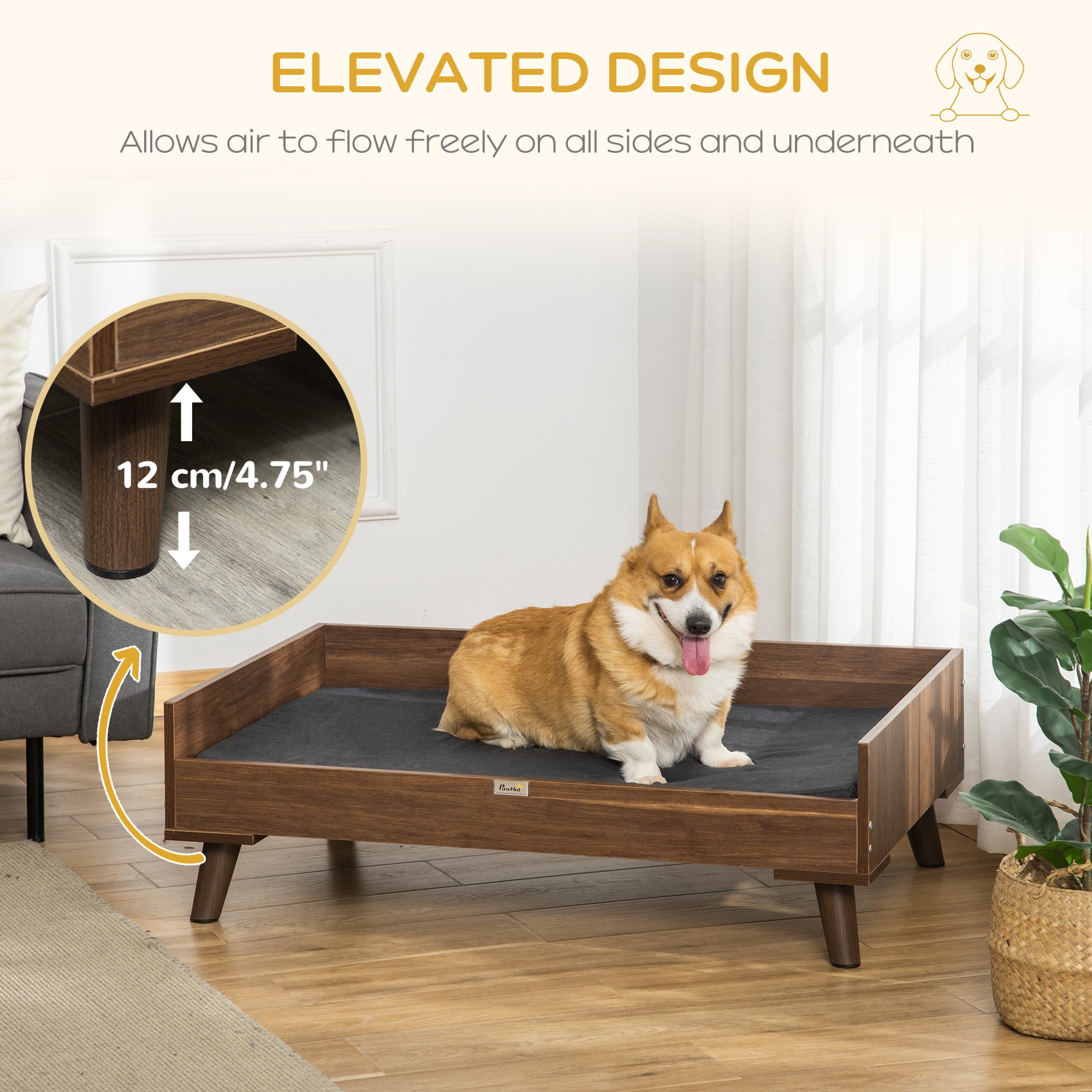 Pawhut Elevated Dog Bed， Wooden Pet Sofa Raised Dog Couch with Soft Cushion， Brown and Black