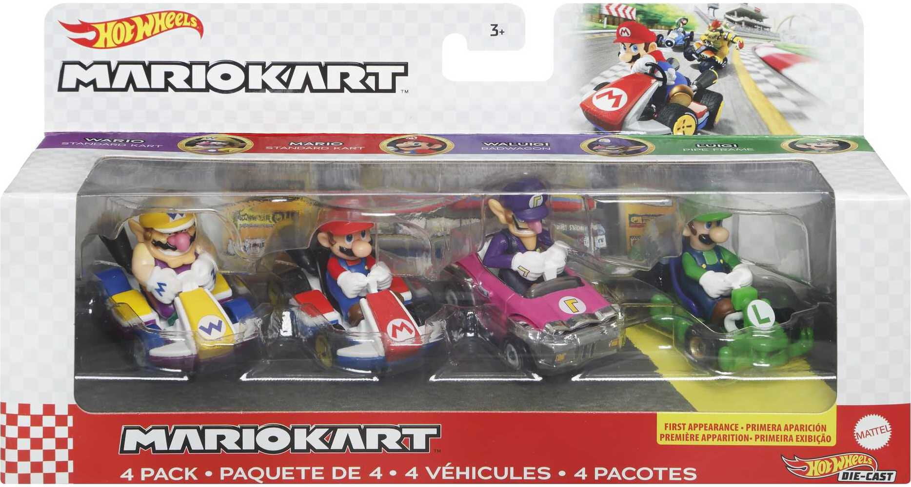 Hot Wheels Mario Kart Set of 4 Toy Character Vehicles， Includes 1 Exclusive Model (Styles May Vary)