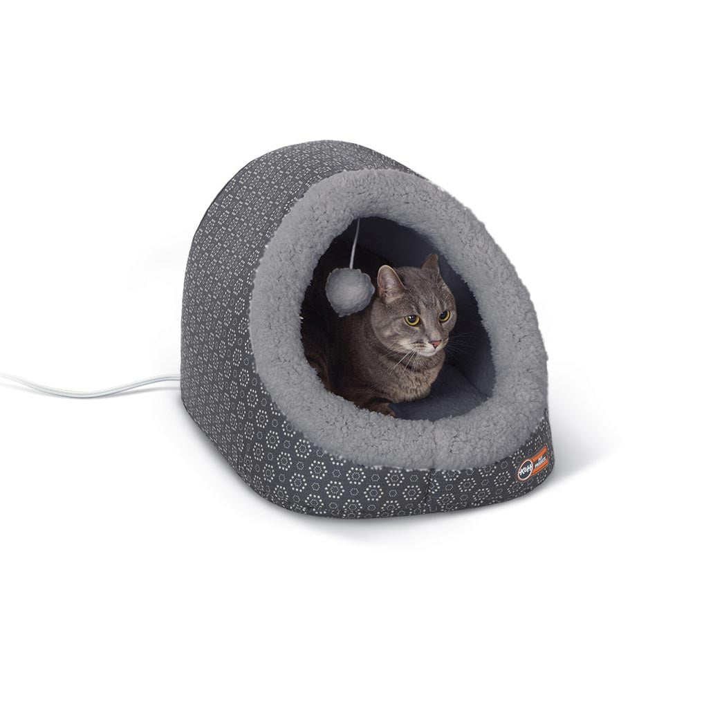KandH Pet Products Thermo-Pet Cave Cat Bed Heated Gray/Geo Flower 17 X 15 X 13 Inches