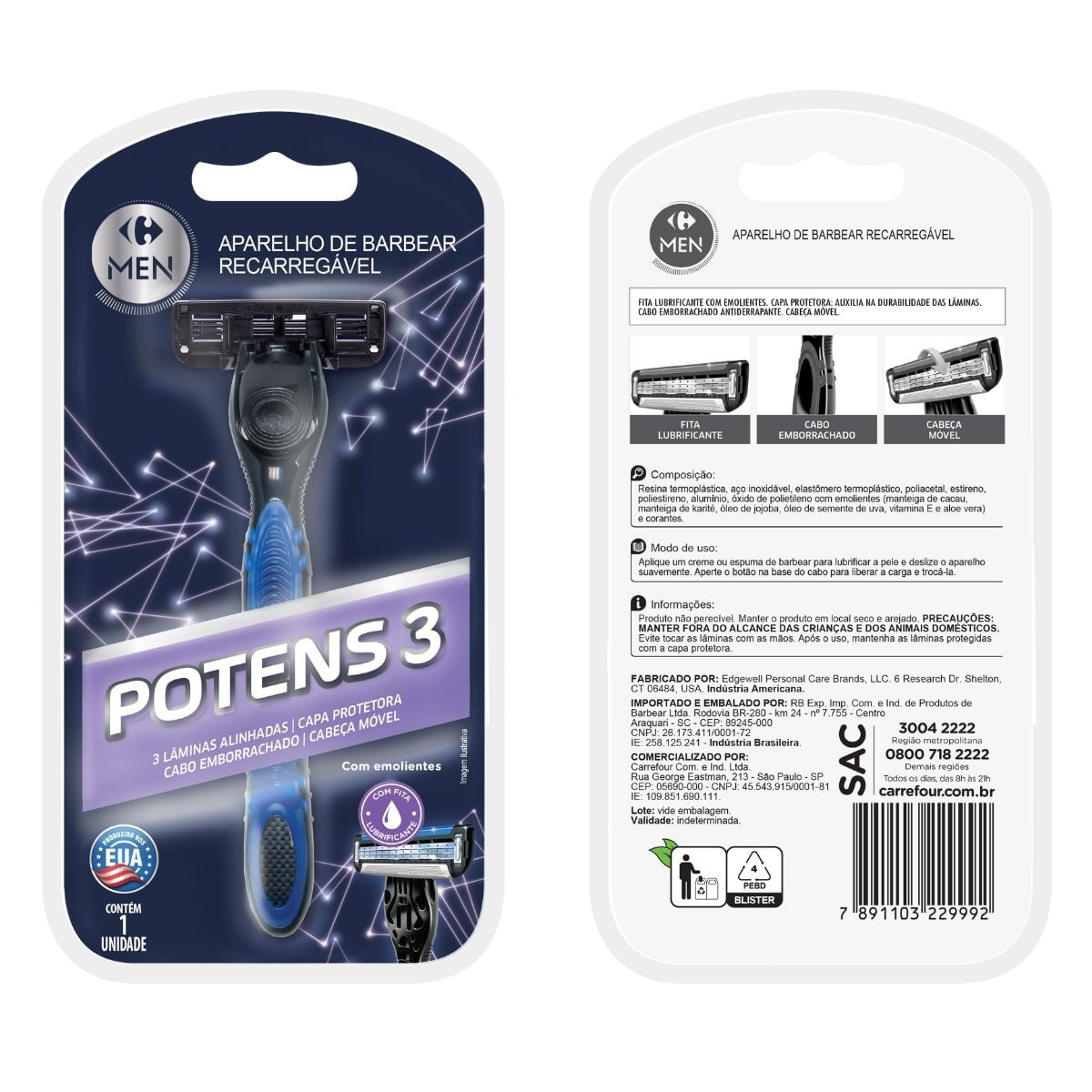 Aparelho Recarregavel Carrefour Men Potens 3 Laminas 1 unidades