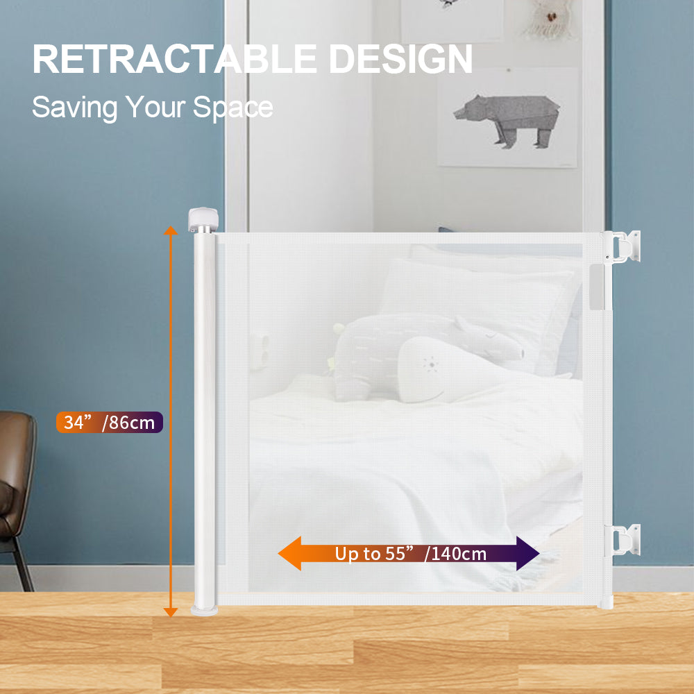 Retractable Dog Gate Baby Gates for Stairs， JoyHi Extra Wide Safety Child or Pets Gates， 33” Tall， Extends to 55” Wide， Mesh Cat Puppy Gate for The House Indoor/Outdoor， Doorways， Hallways (White)