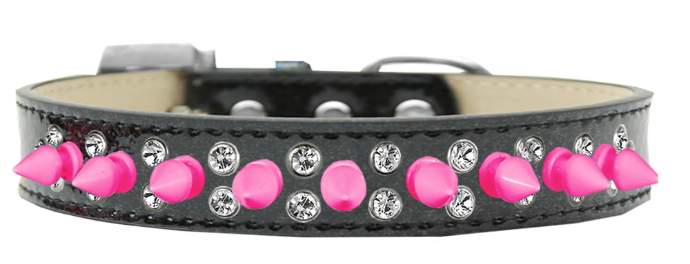 Double Crystal And Bright Pink Spikes Dog Collar Ice Cream Size Size 12 Black