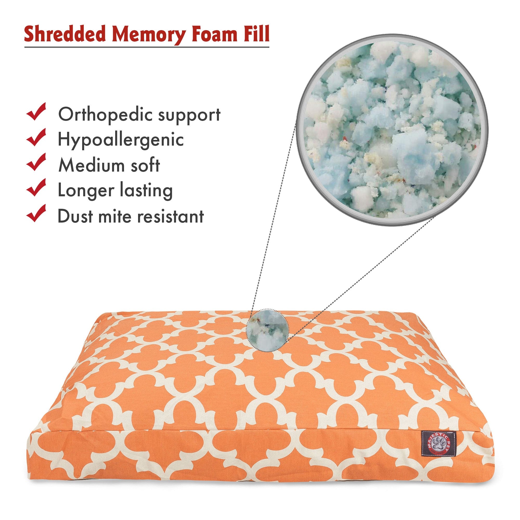 Majestic Pet | Trellis Shredded Memory Foam Rectangle Pet Bed For Dogs， Removable Cover， Peach， Medium