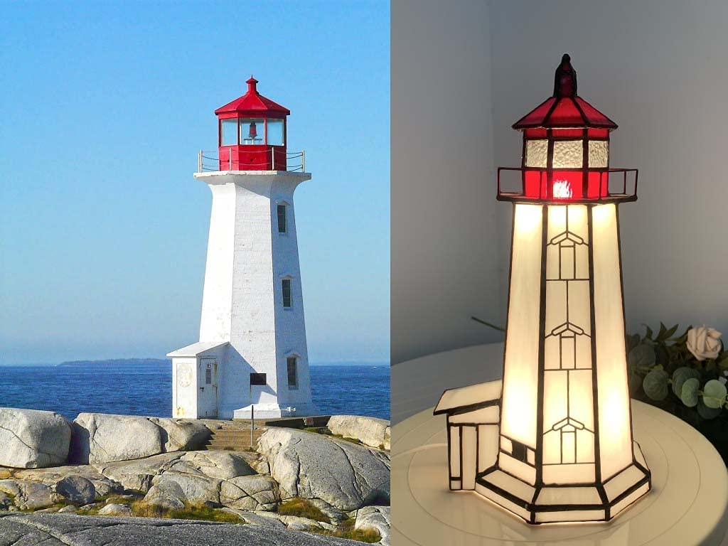 SHADY L10770 Peggy's Point Lighthouse  Style Stained Glass Accent Table Lamp Night Light  12-inches Tall