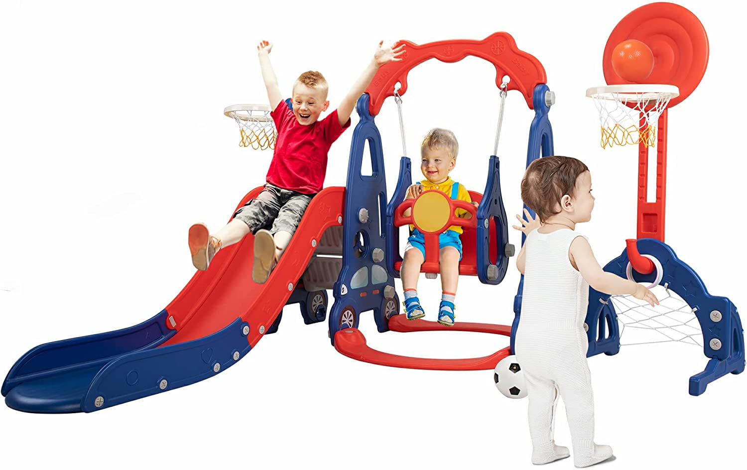 MOCA 5 in 1 Kids Slide for Toddlers Age 1-3 Slide and Swing Set for Children Baby Indoor Outdoor， Playsets Playground Sets for Backyards Plastic(Blue)