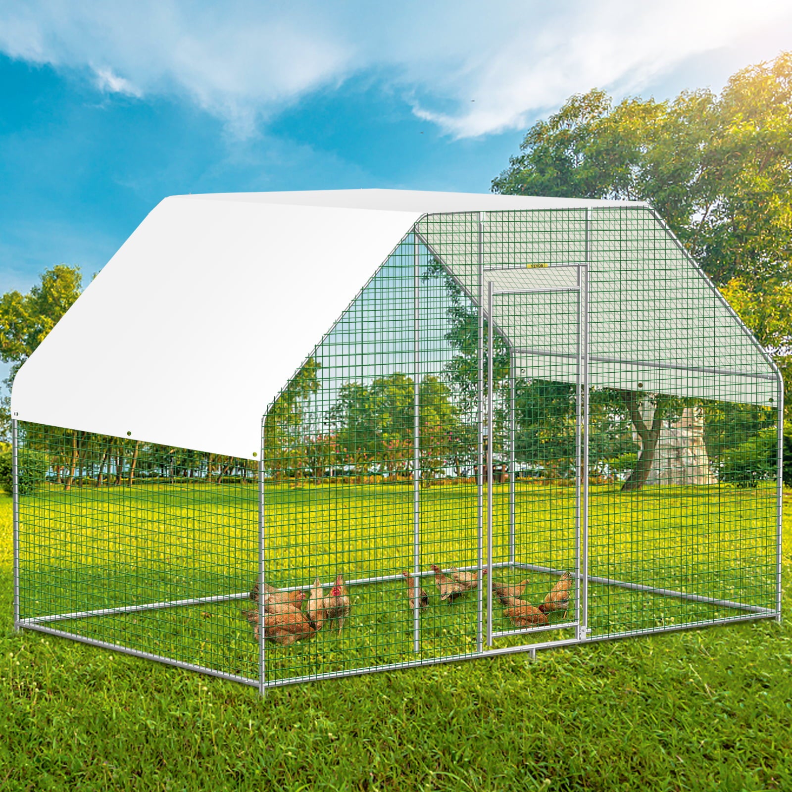 VEVORbrand Chicken Run Coop 10×6ft Large Metal Chicken Coop Flat Shaped， Walk-in Hen Cage， Outdoor Poultry Cage with Waterproof Cover for Backyard