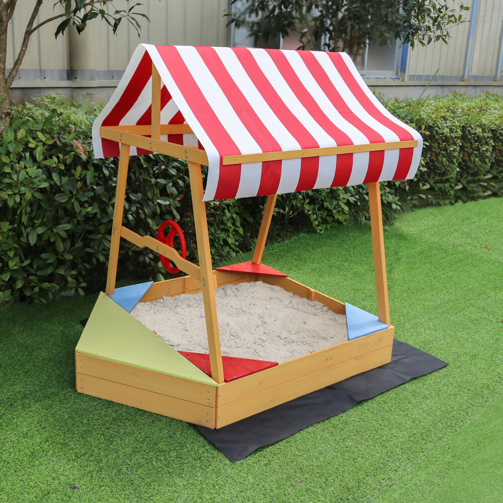 Critter Sitter Children's Wood Sand Box Boat with Red and White Striped Canopy， Wheel， and Bottom Liner - CSSB0103-NAT