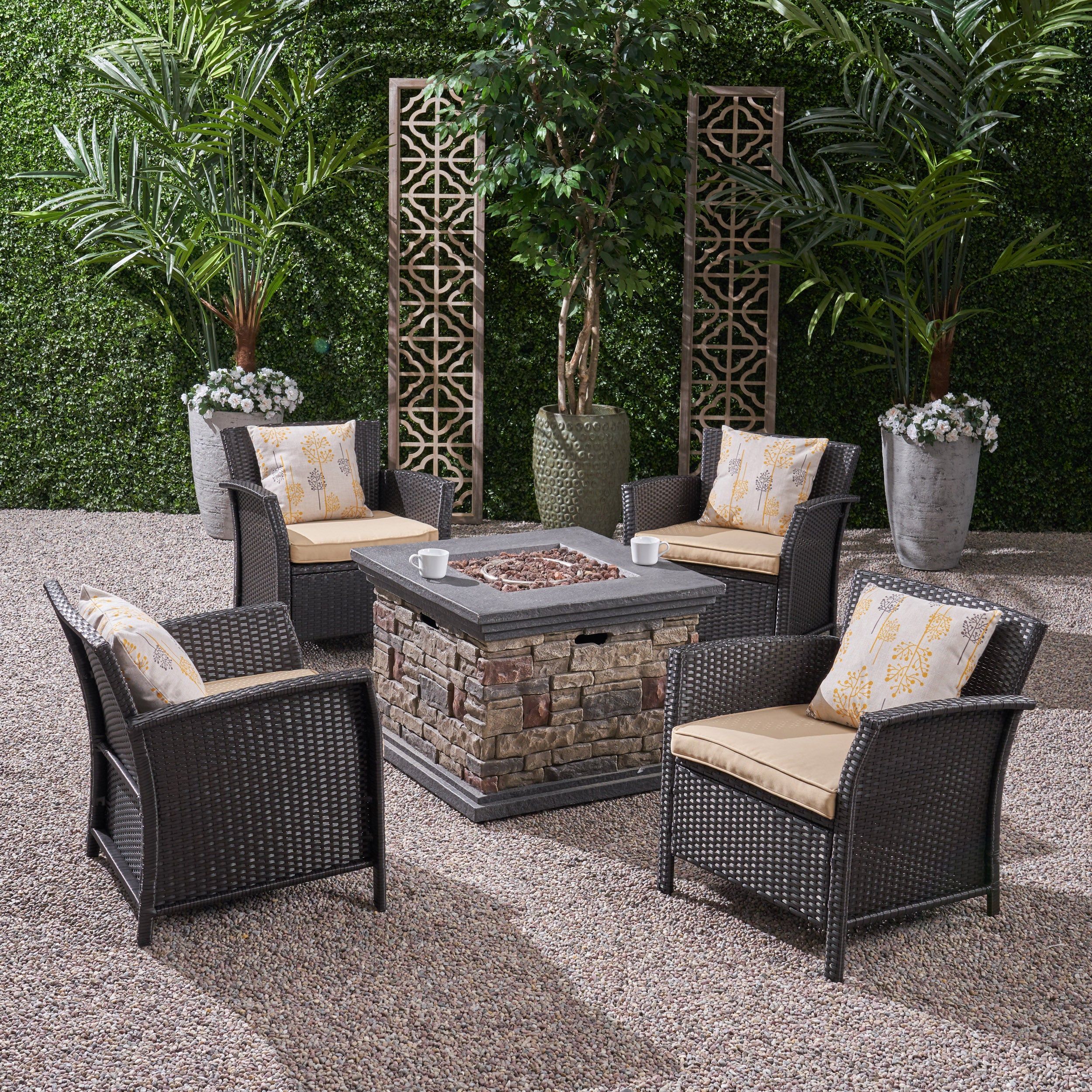 Laiah Outdoor 4 Piece Wicker Club Chair Chat Set with Fire Pit
