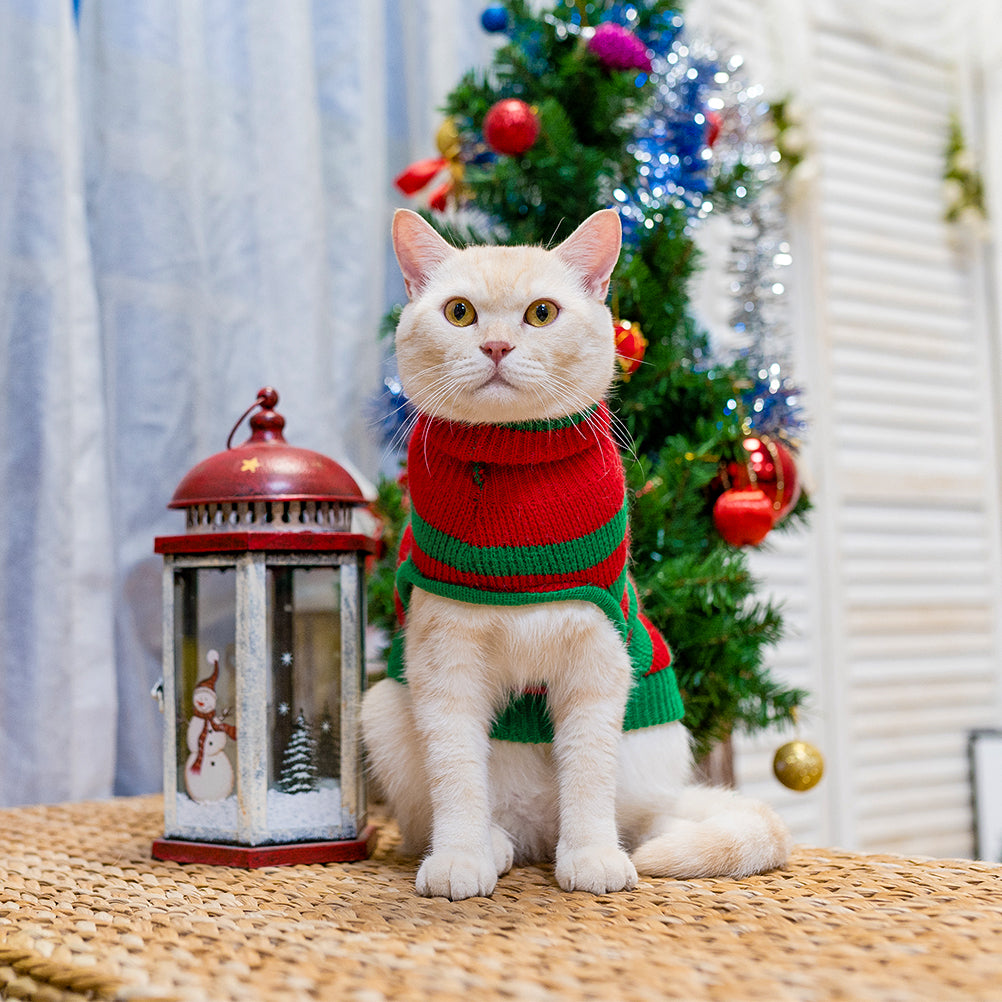 Pupteck Cat Christmas Sweater - Snow Man Stripes Cats Holiday Sweaters Soft Knit Warm Winter Sweaters Jumpsuits for Cats Small Dogs