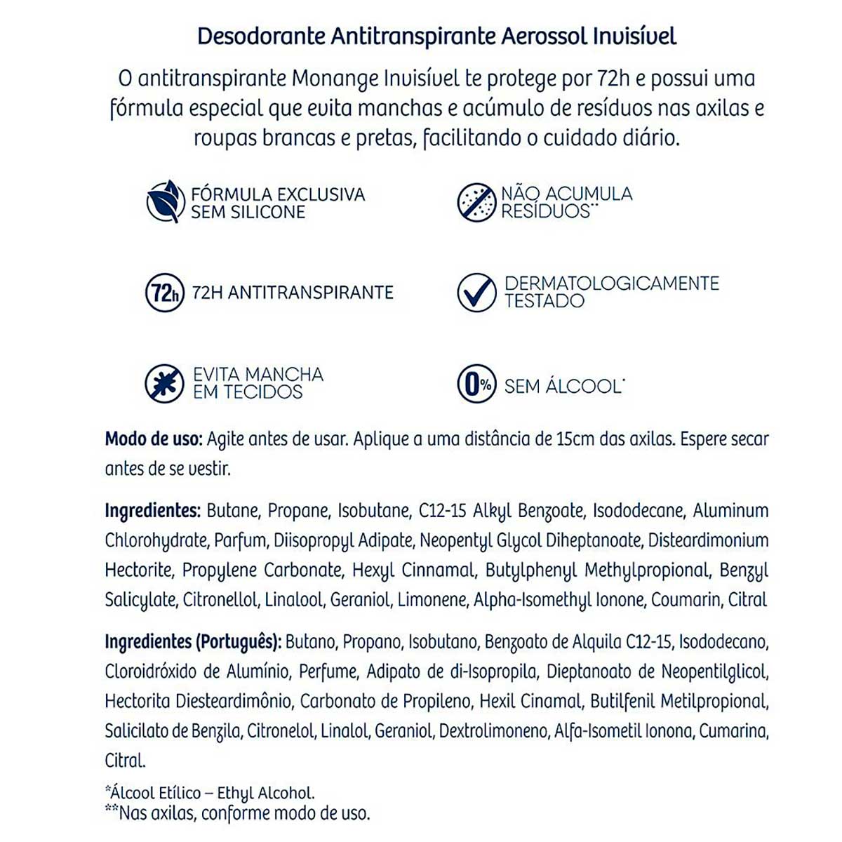 Desodorante Aerossol Antitranspirante Monange Feminino Invisivel 150ml