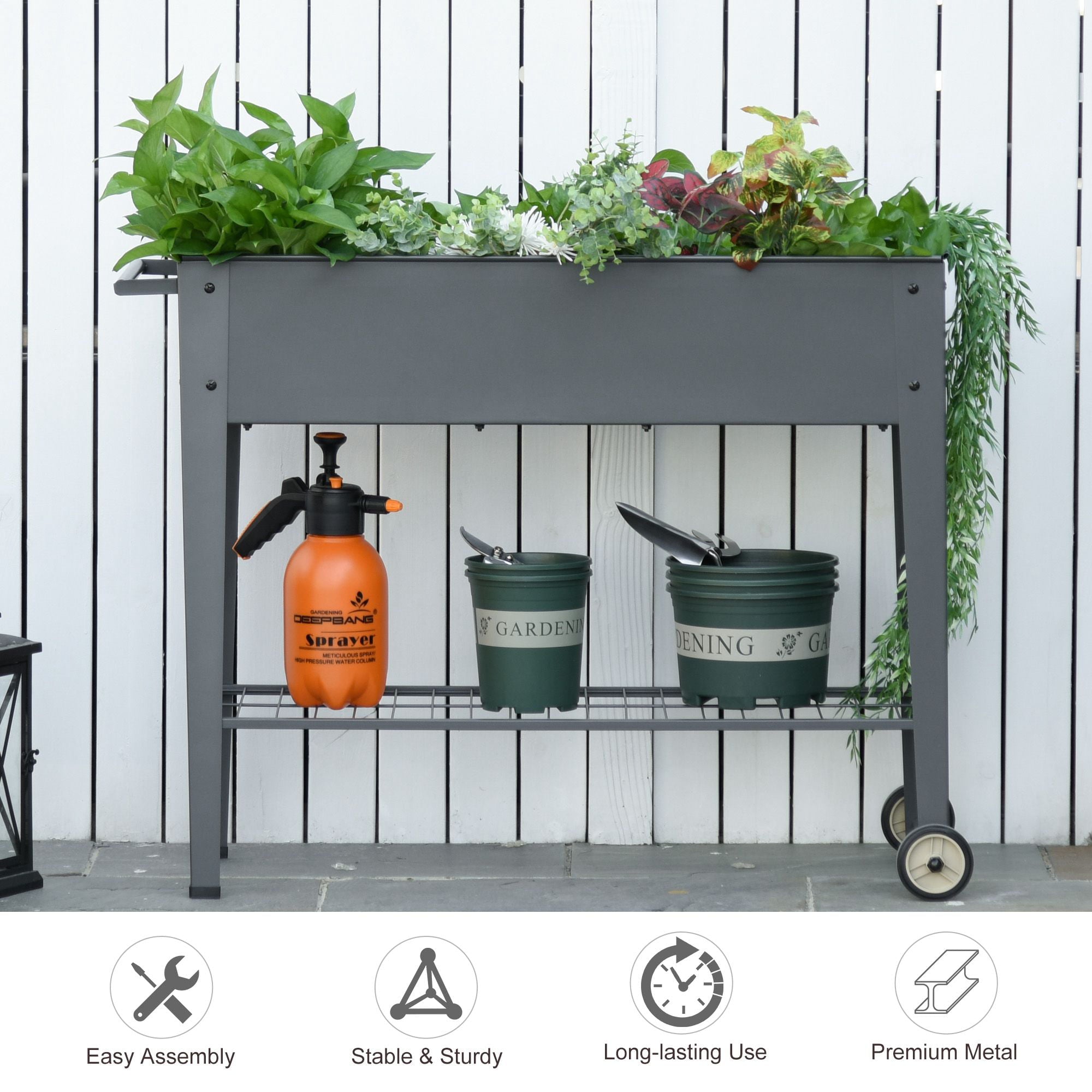 Outsunny 41" x 15" x 32" Raised Garden Bed Elevated with Wheels, Metal Elevated Planter Box with Bottom Shelf for Storing Tools & Water Drainage Hole, Grey