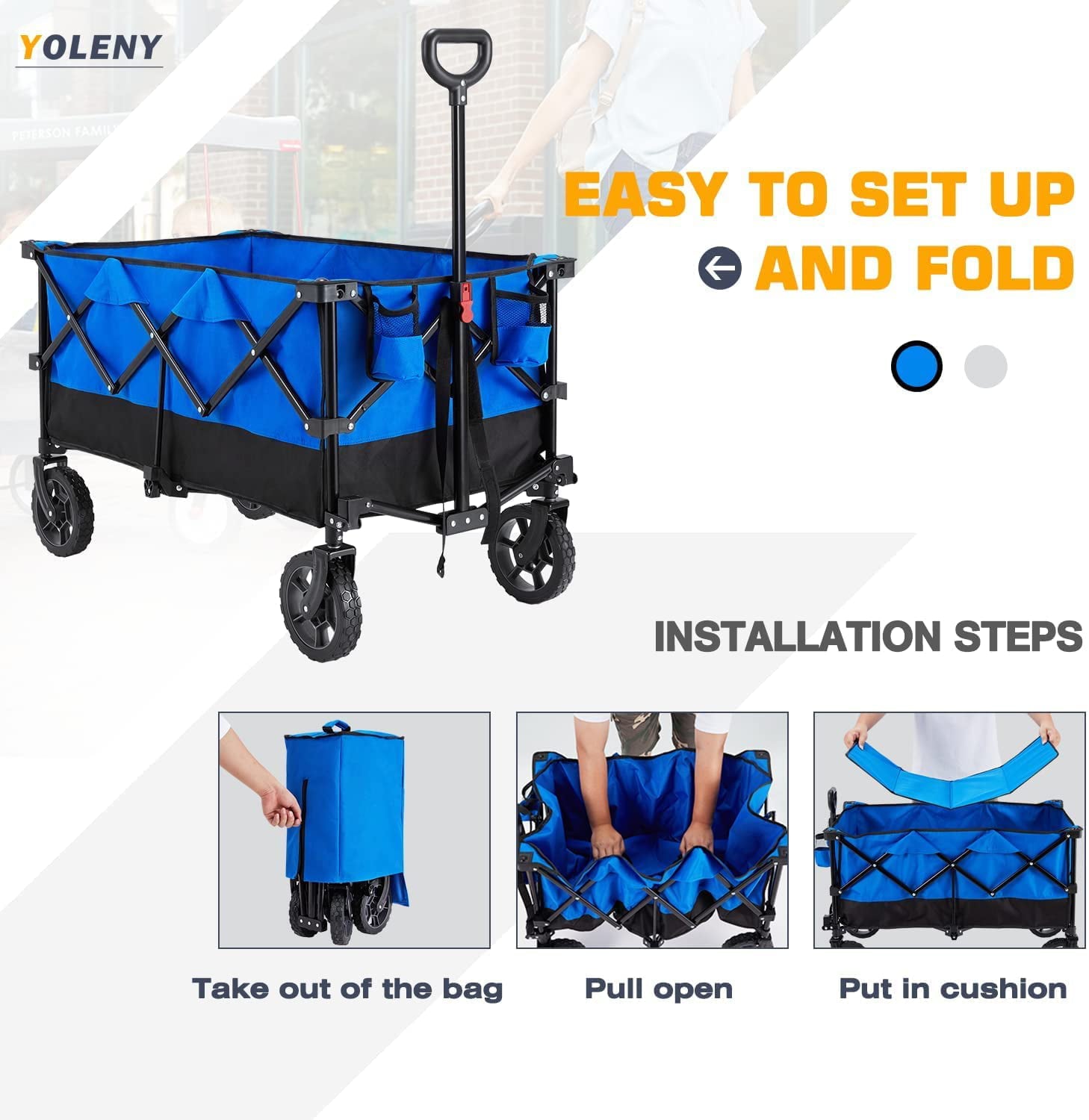Mellcom Folding Wagon Cart， Outdoor Utility Foldable Trolley for Travel， Shopping， Camping， Blue