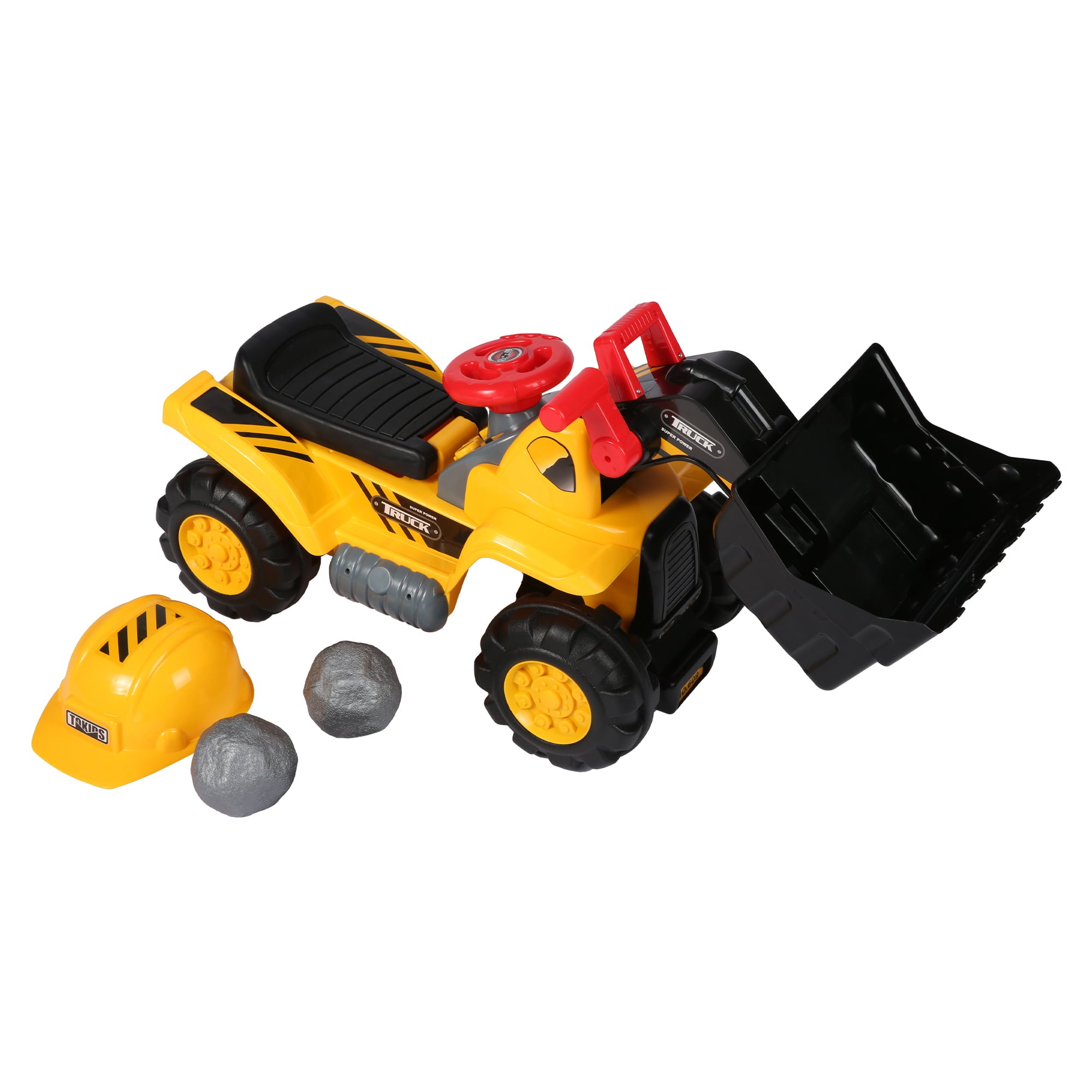 KARMAS PRODUCT Toddlers Ride-on Bulldozer Toy with Simulated Sounds - Kids Boys Construction Truck Vehicle with Bucket， Steering Wheel， Helmet， Rocks