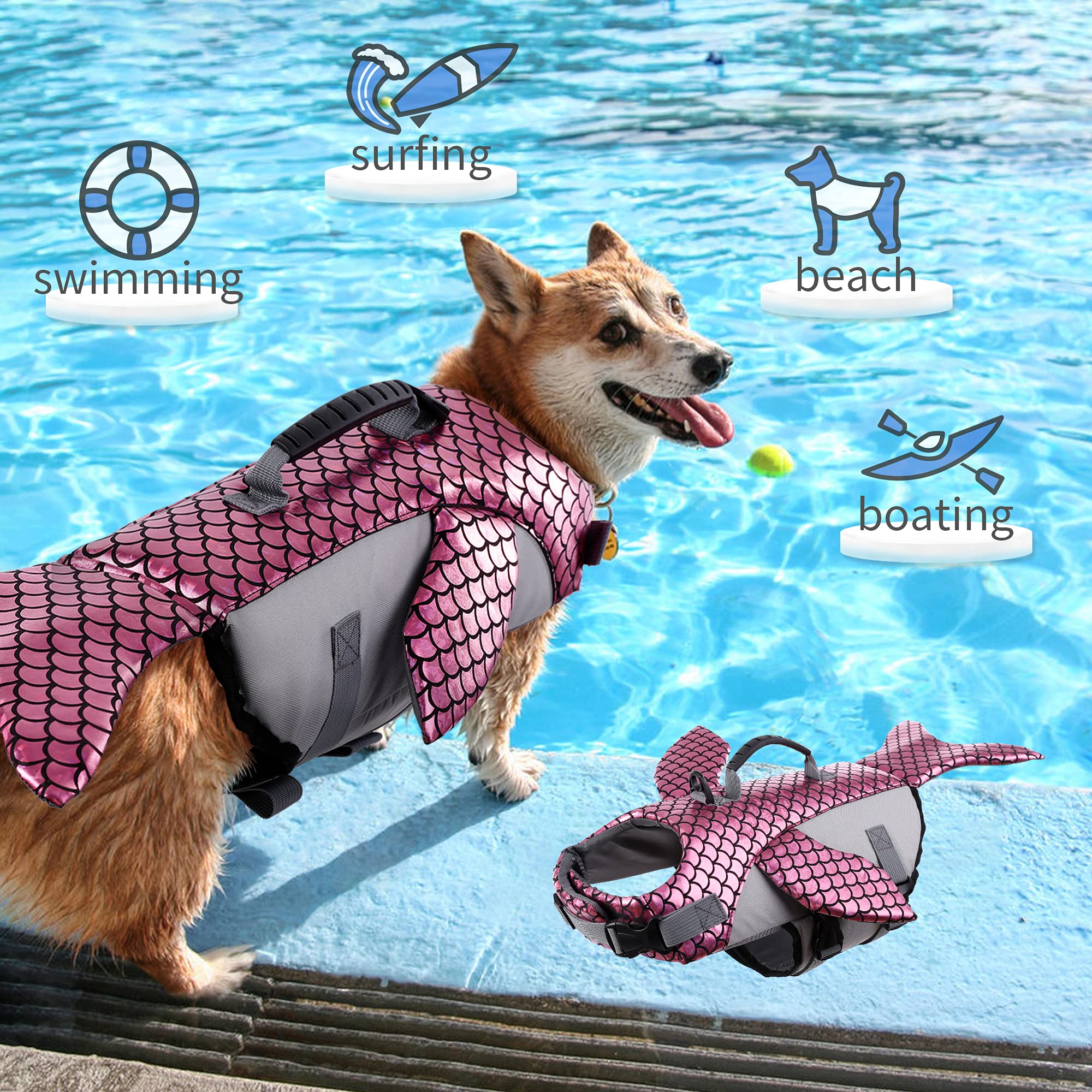 IDOMIK Dog Life Jacket， Dog Life Vest for Swimming， Reflective Dog Floatation Vest for Small Medium Large Dogs， Adjustable Life Jackets for Dogs， Pink