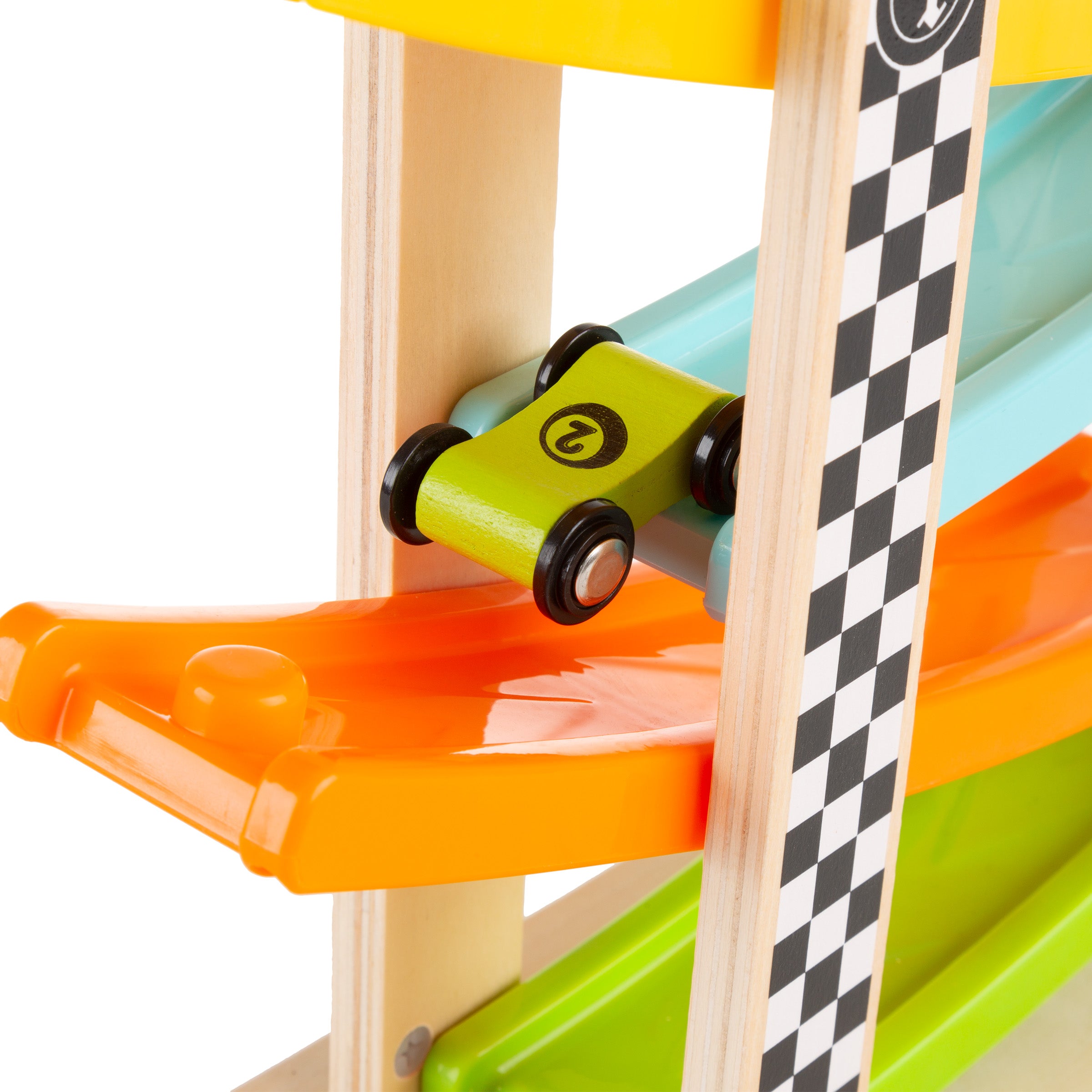Toy Race Track and Racecar Set- Wooden Car Racer with 4 Colorful Cars by Hey! Play!