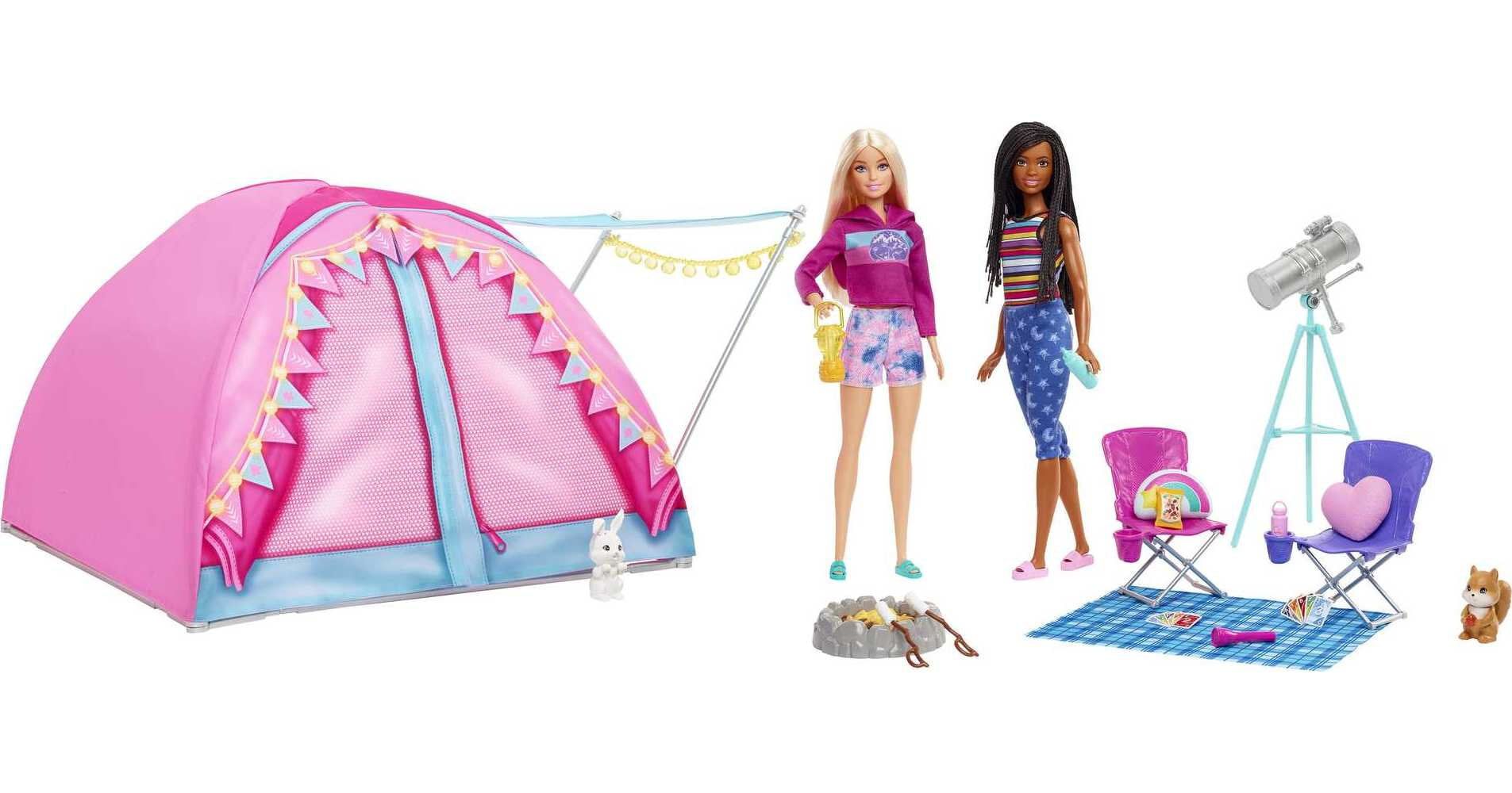 Barbie It Takes Two Let's Go Camping Tent Playset with Brooklyn & Malibu Dolls & 20 Accessories