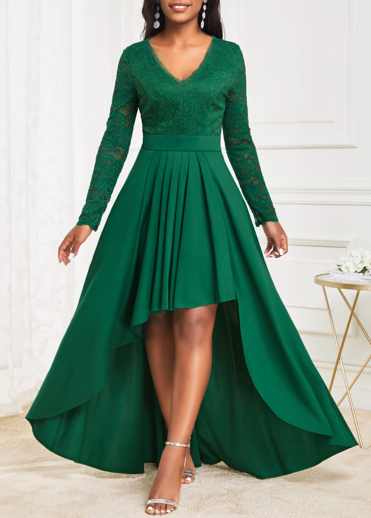 Green High Low V Neck Lace Dress