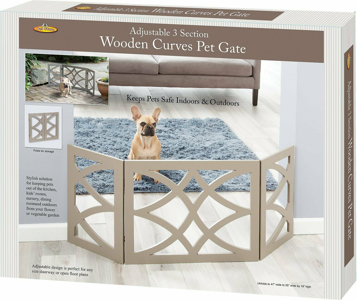 Gray Wood Pet Dog Gate Foldable Adjustable 3-Section Freestanding Extra Wide. Keeps Pets Safe Indoors/Outdoors - Fully Assembled