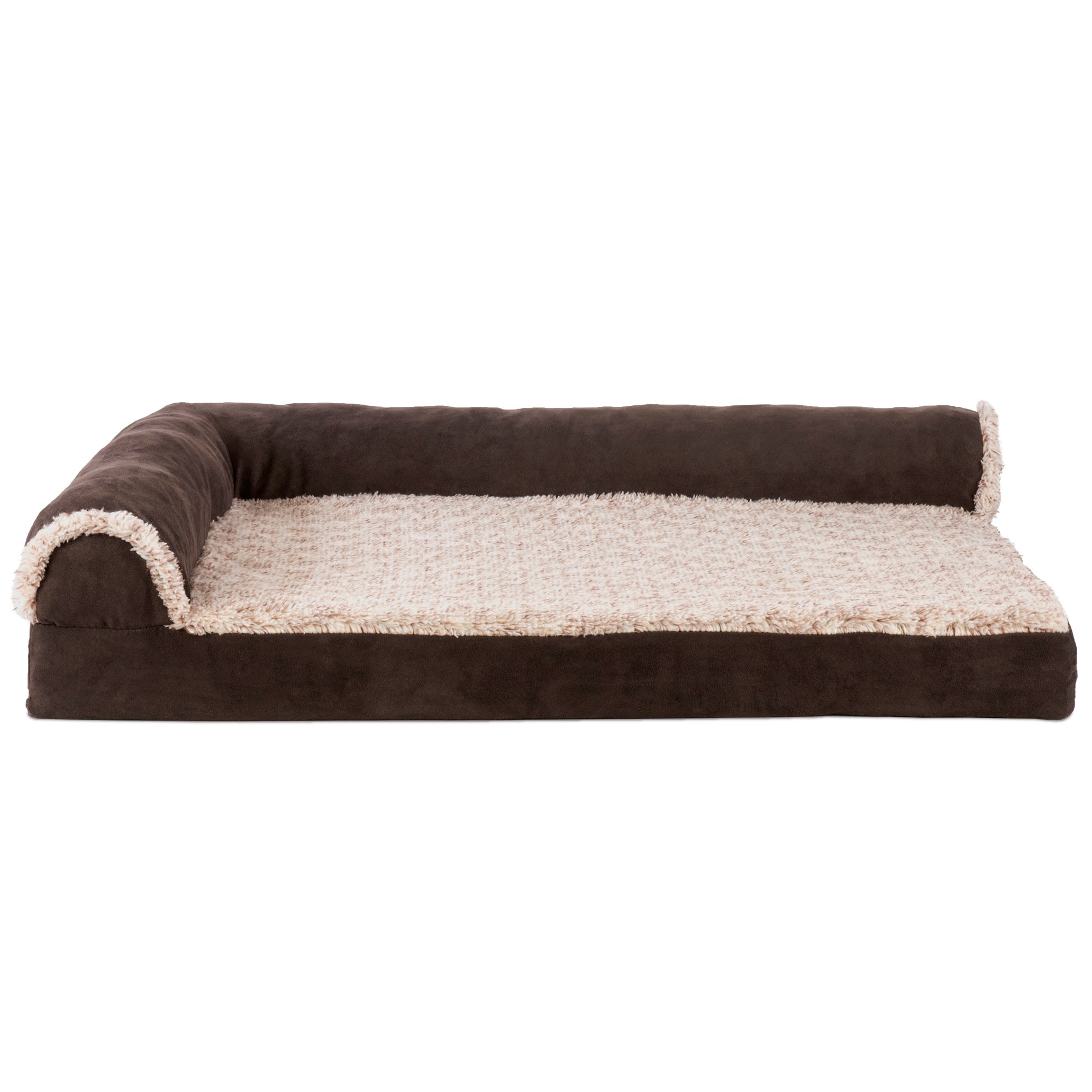 FurHaven | Deluxe Cooling Gel Faux Fur and Suede L-Chaise Lounge Pet Bed for Dogs and Cats， Espresso， Medium