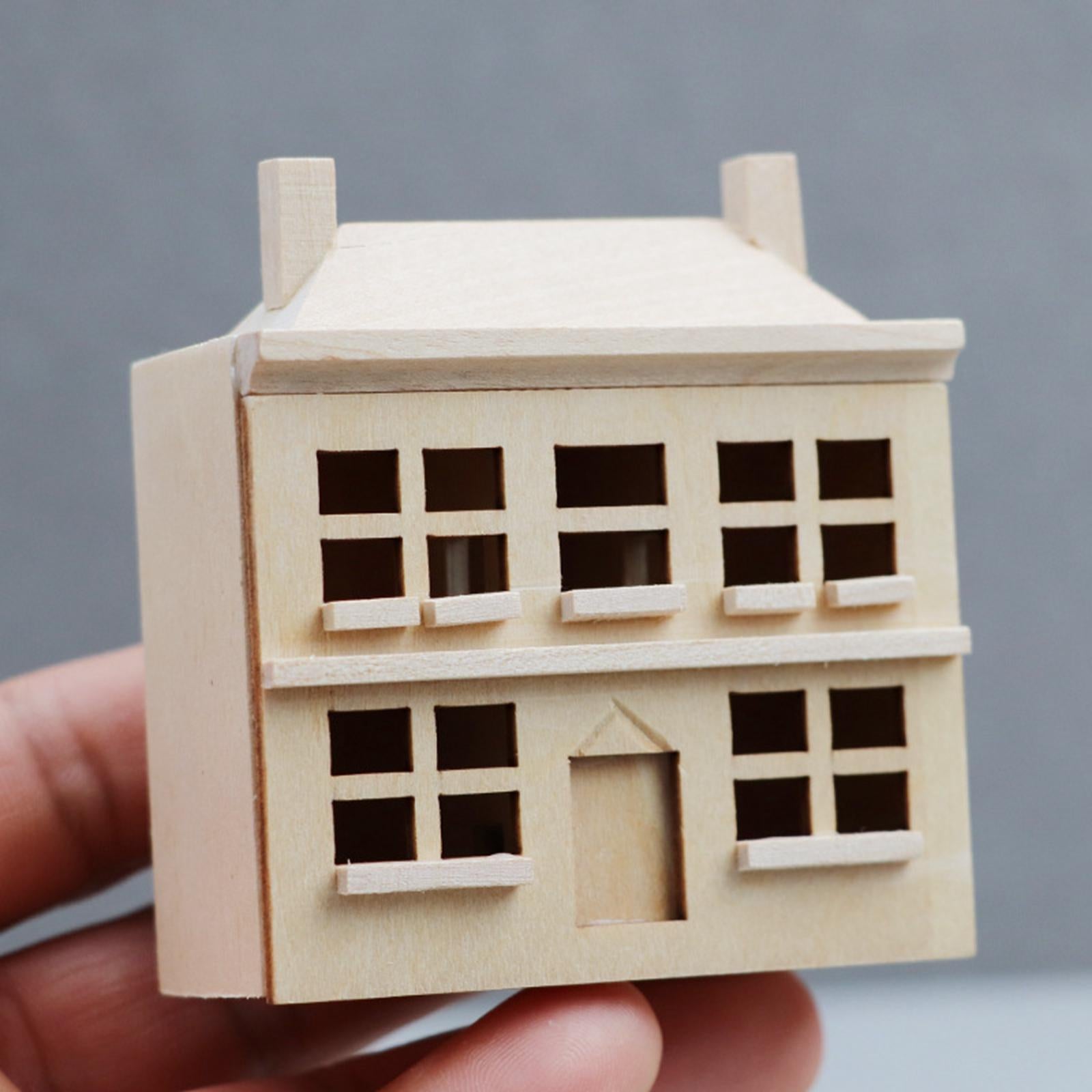 1/12 Dollhouse Villa House Artwork Handmade Model Unpainted Mini Wooden House Miniature for Playhouse Creative Toy Accessories