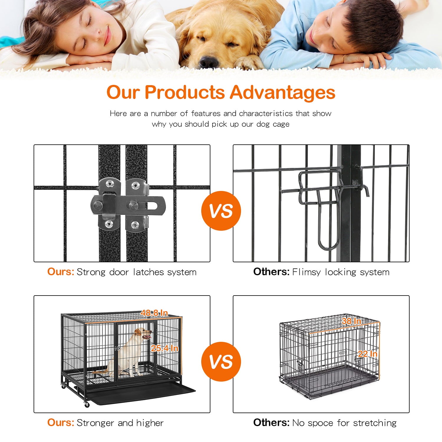 BestPet 48 inch Heavy Duty Dog Cage Large Dog Crate Strong Metal Dog Kennels with Double Doors，Lockable Wheels， Indoor Outdoor Dog Crates for Medium and Large Dogs with Removable Tray