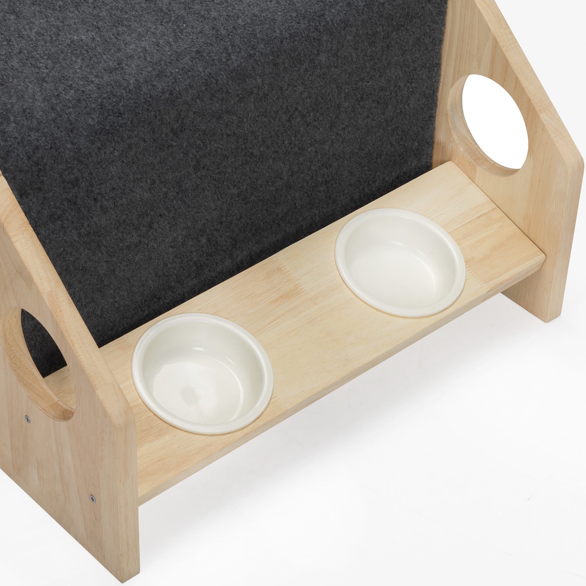 LANTRO JS 2 In 1 Wood Dog House Indoor， Cabin Dog Kennel with Cushioned Bed， Cover Scratcher， Feeding Bowls， Pet Habitat for Cats， Small and Medium Dogs， Natural and Gray